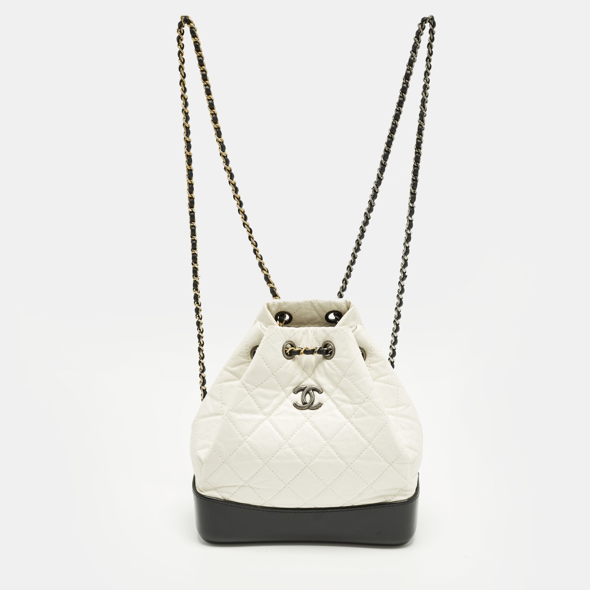 Pre-owned Chanel Gabrielle Mini White/black Aged Leather Mini Backpack