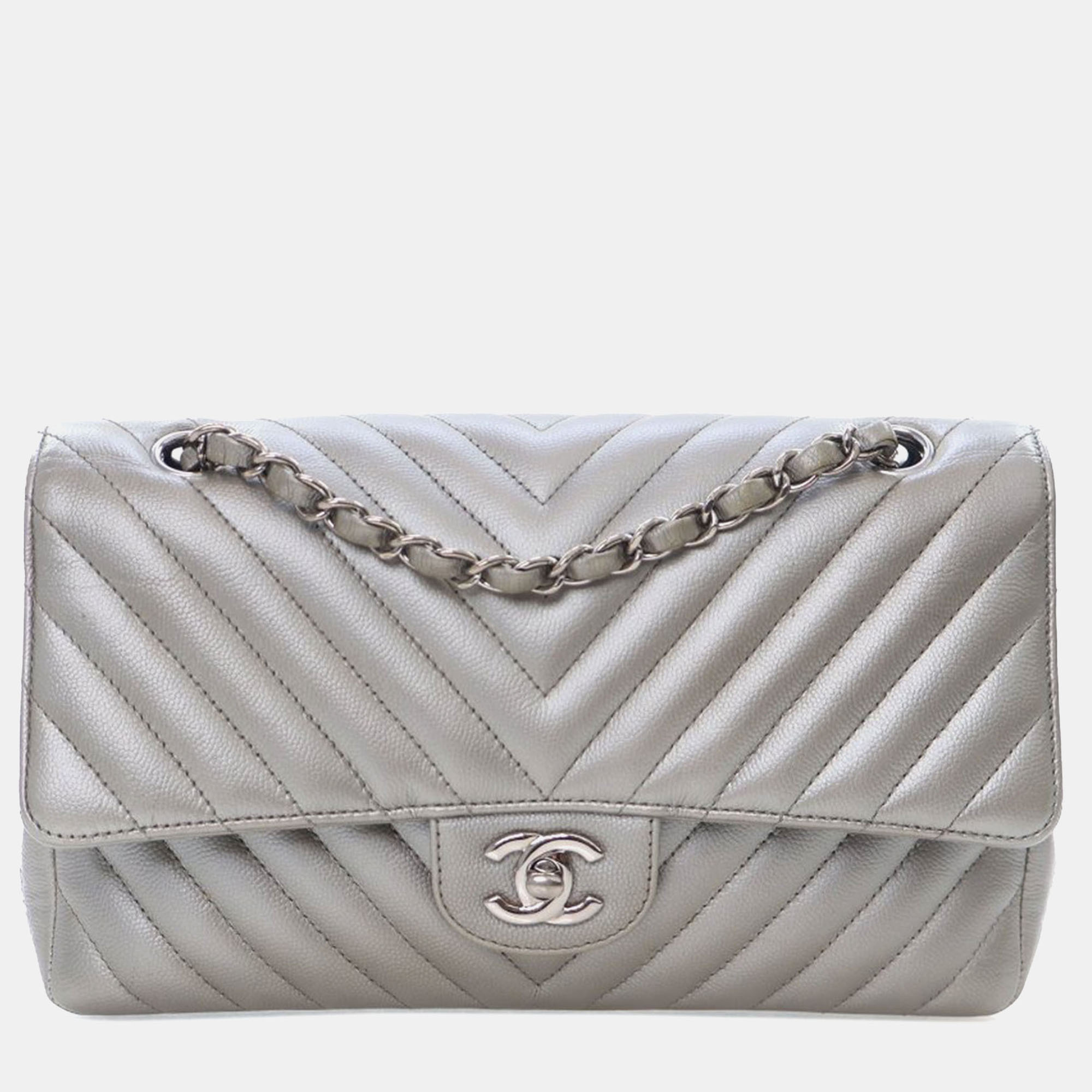 

Chanel Silver Medium Classic Chevron Caviar Double Flap