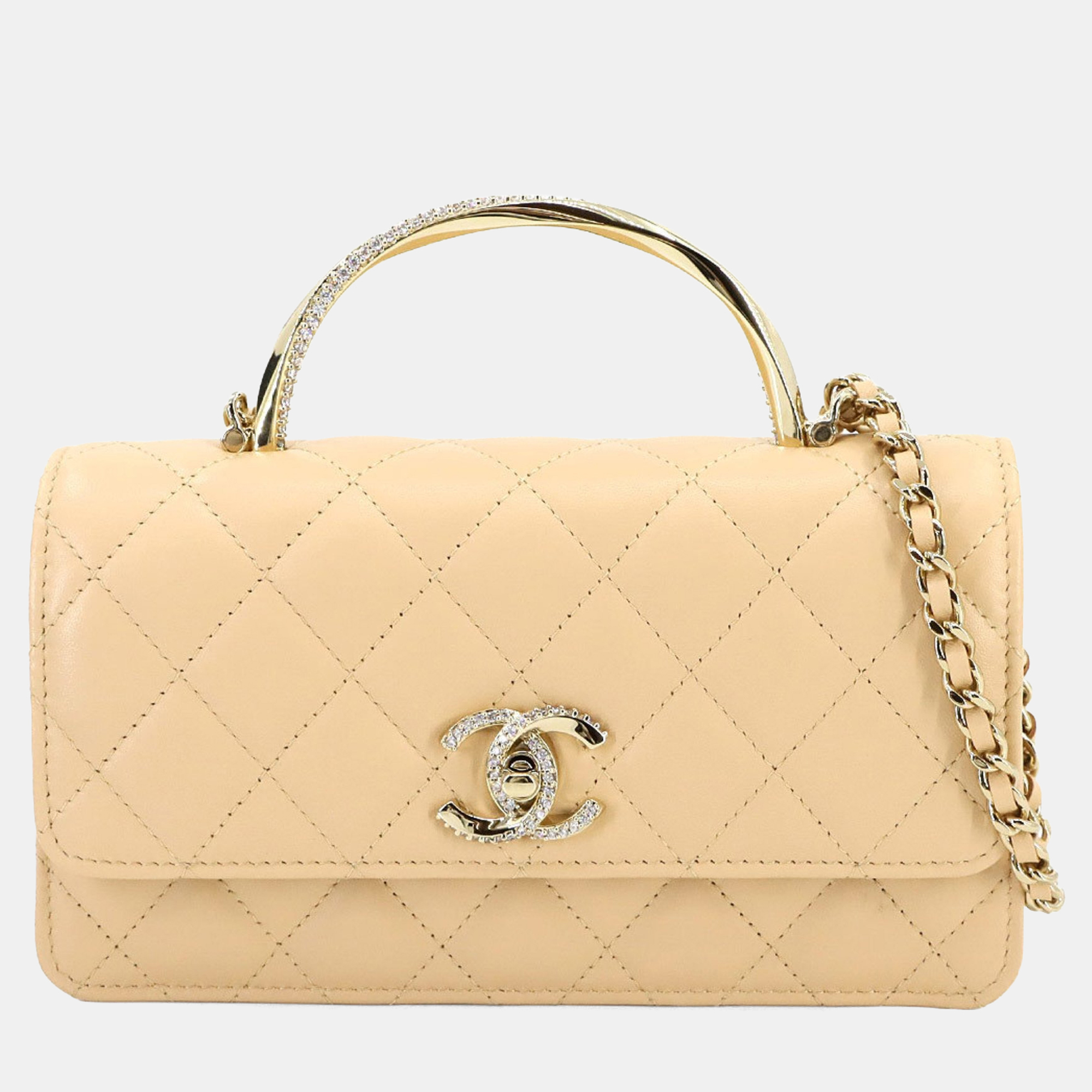 

Chanel Matelasse 2-Way Hand Chain Wallet Beige Lambskin