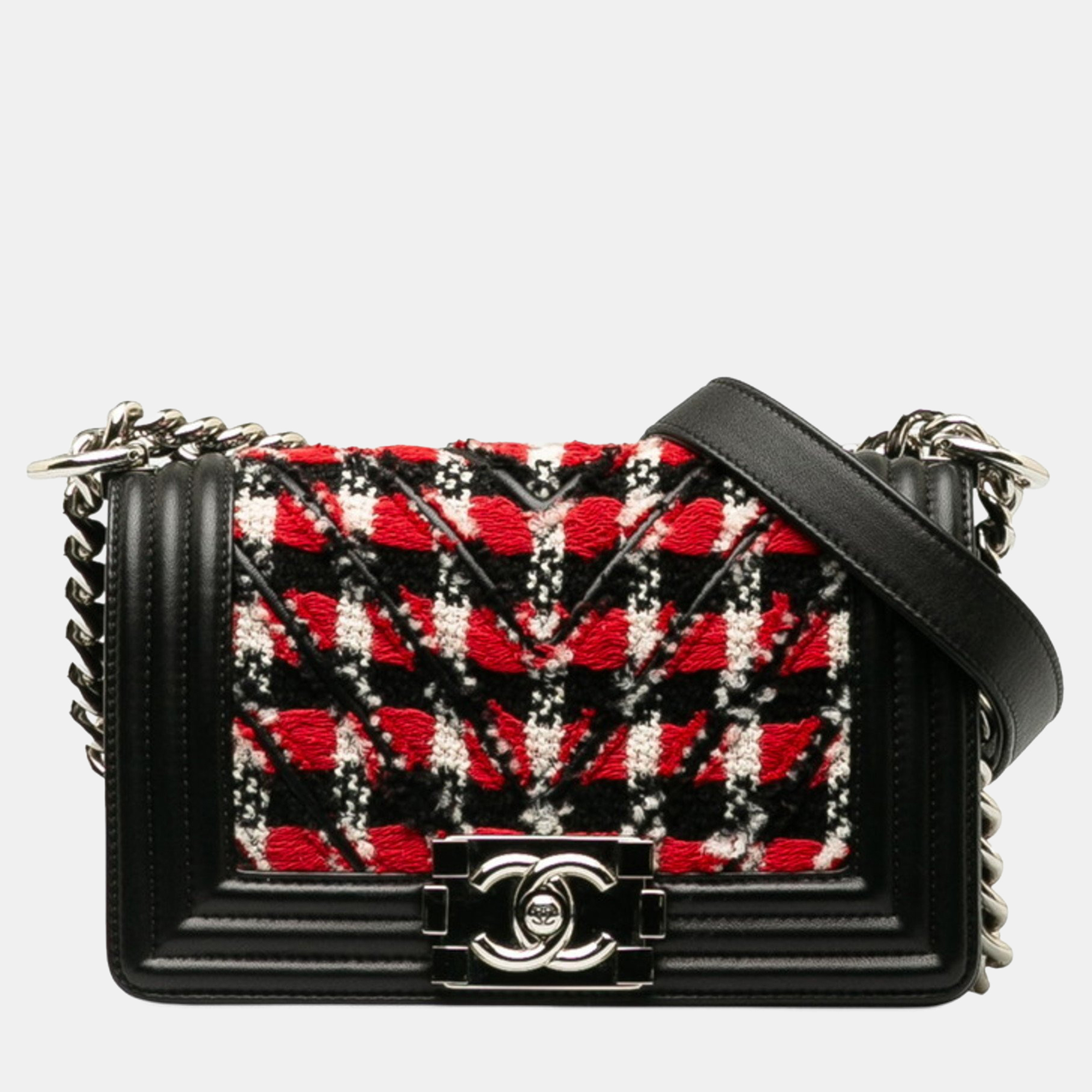 

Chanel Boy Chanel Small Chain Shoulder Bag In Black And Red Tweed Leather
