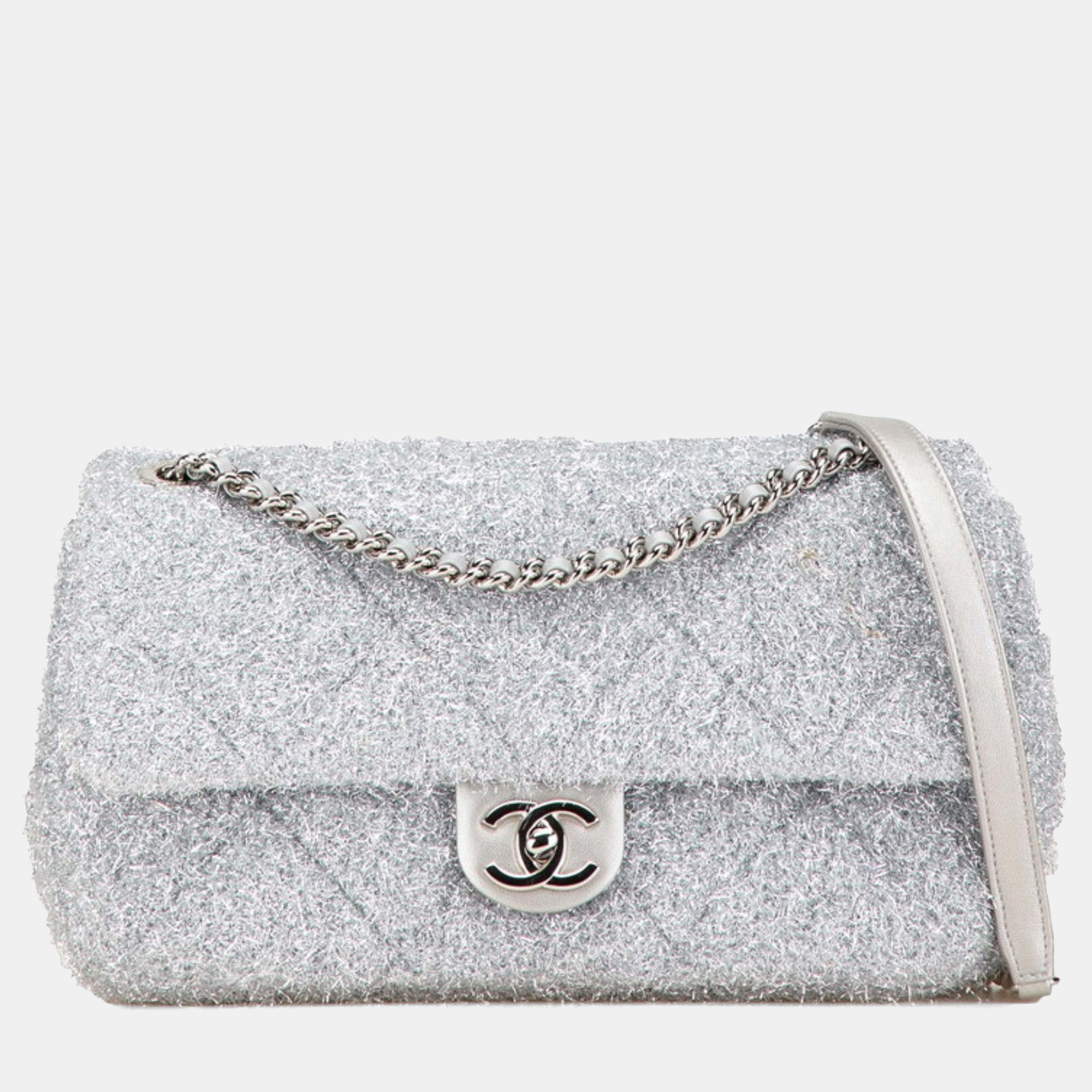 

Chanel Pour Tou Glitter Chain Shoulder Bag Silver Microfiber Lambskin