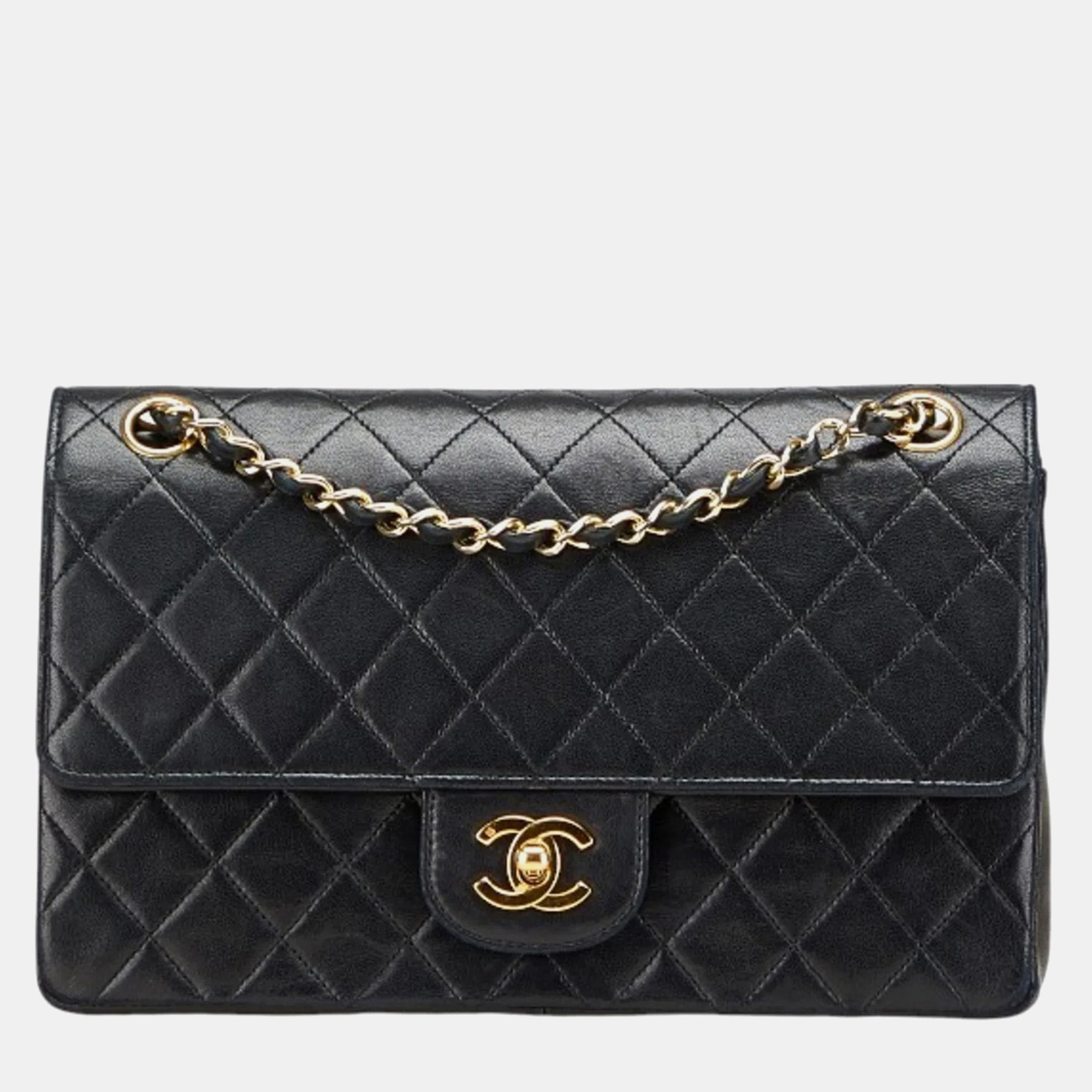 

Chanel Matelasse 25 Double Flap Coco Mark Chain Shoulder Bag In Black Lambskin