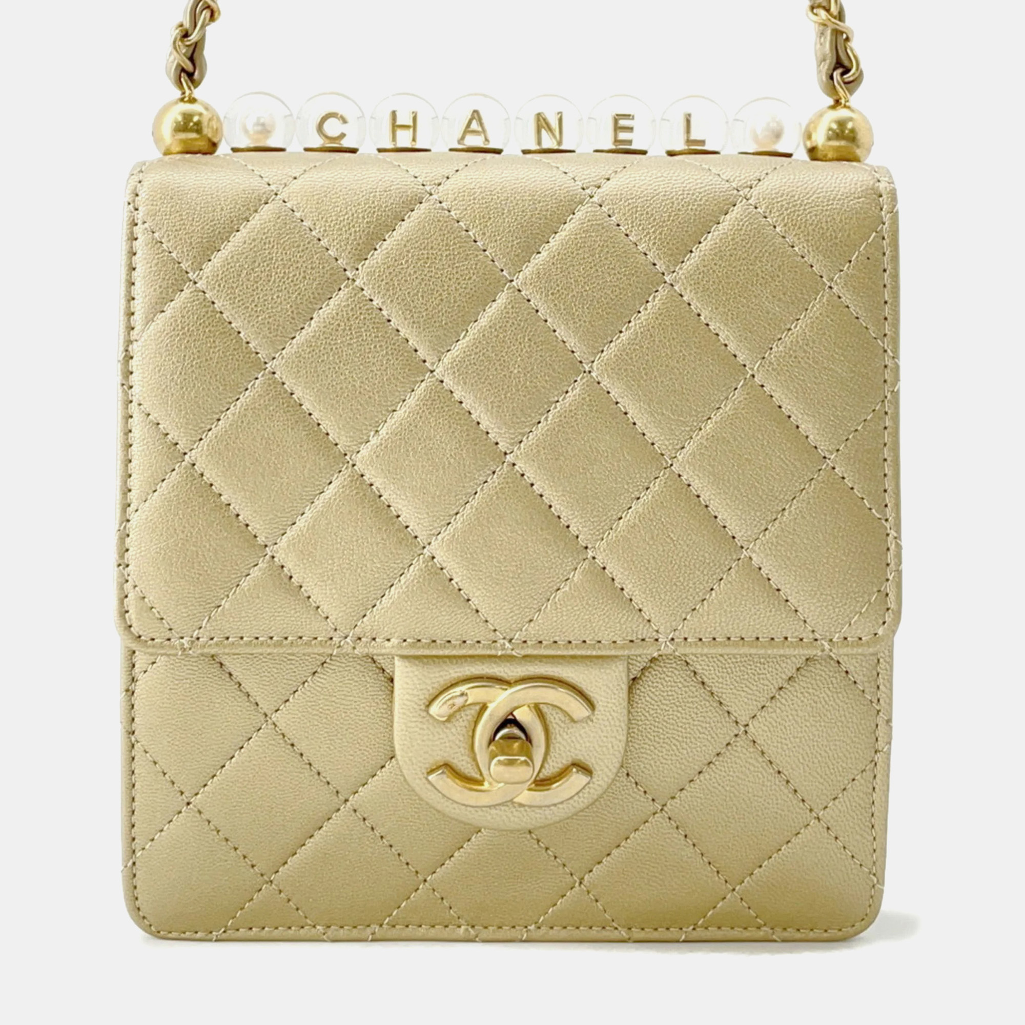 

Chanel Chain Shoulder Bag Matelasse Coco Mark Clear Pearl Goatskin Flap Bag, Beige