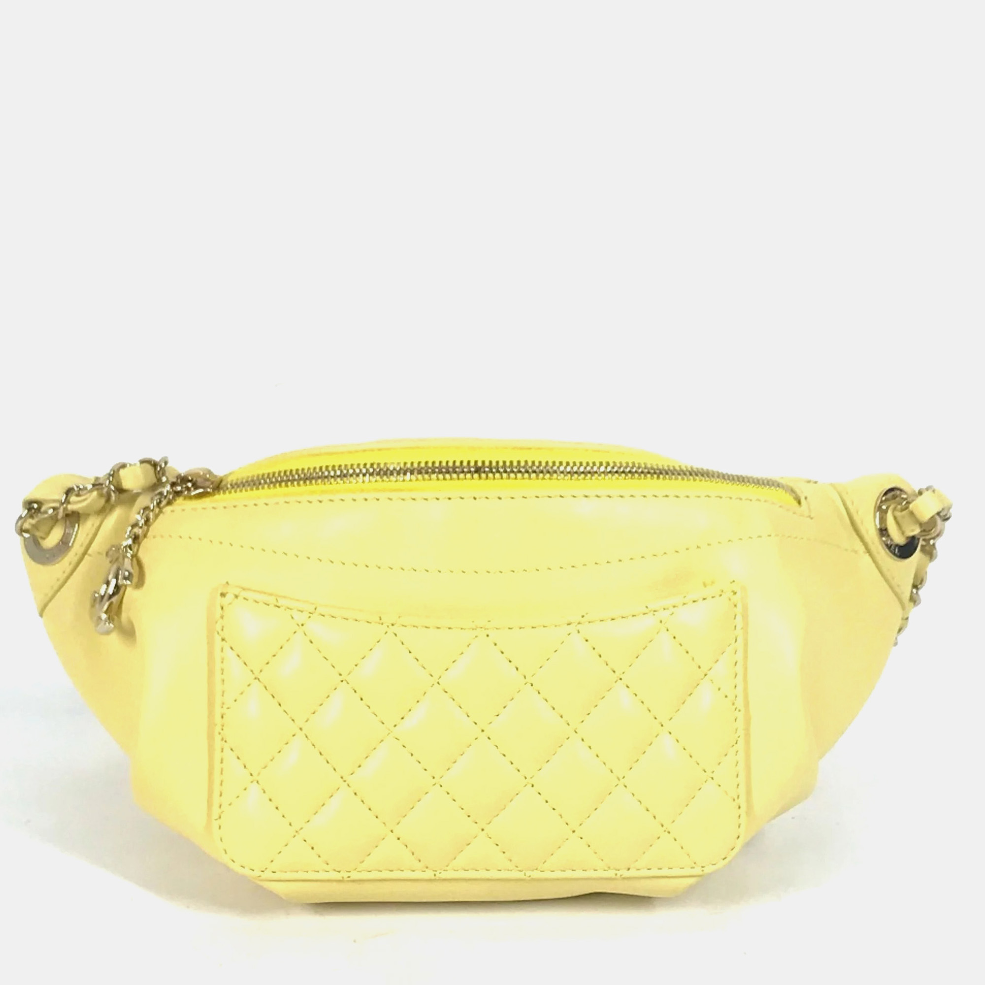Pre-owned Chanel Chain Belt Bag/waist Pouch With Cc Coco Mark Crossbody Quilted Matelasse Design Lambskin Yellow