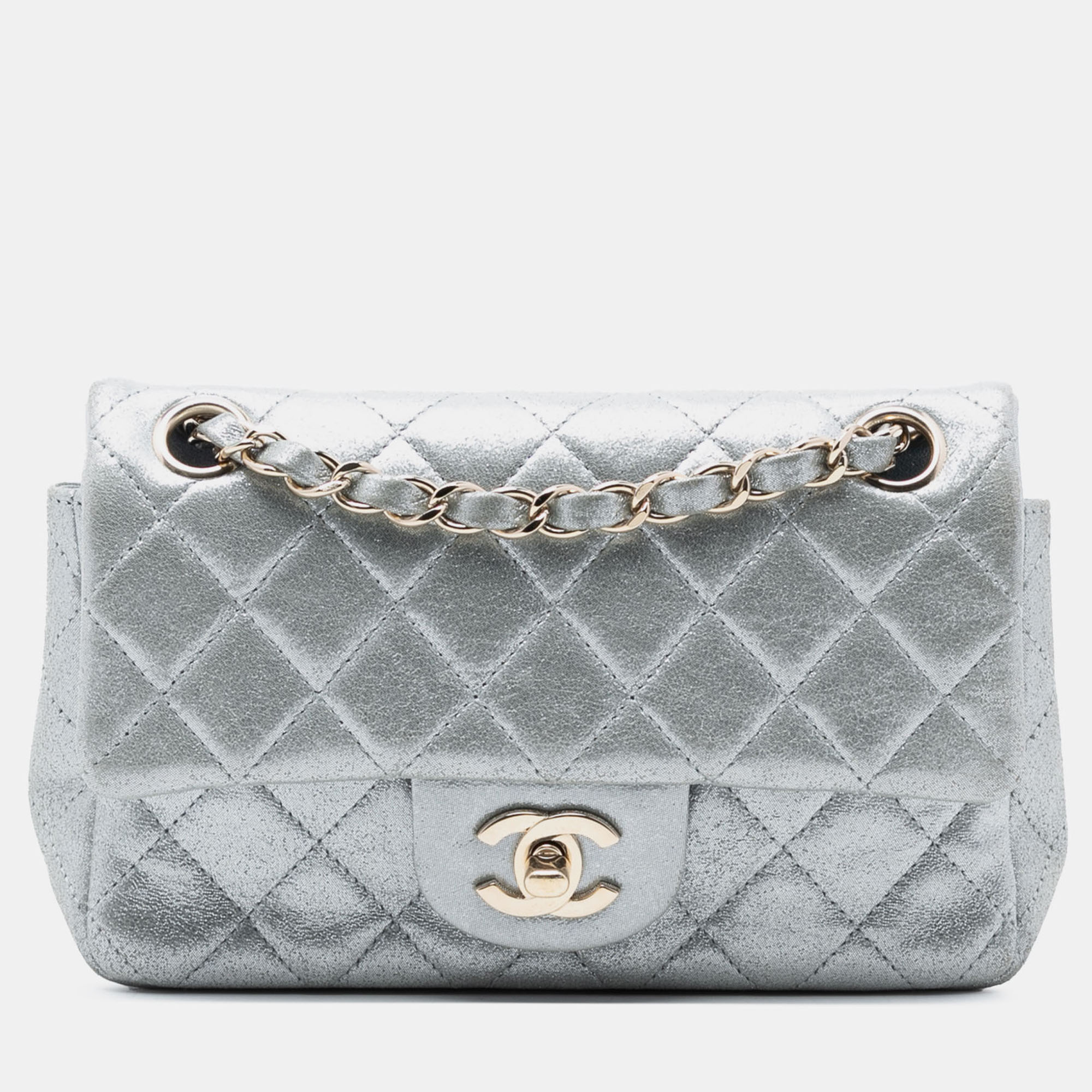 

Chanel Silver Mini Rectangular Classic Iridescent Calfskin Single Flap