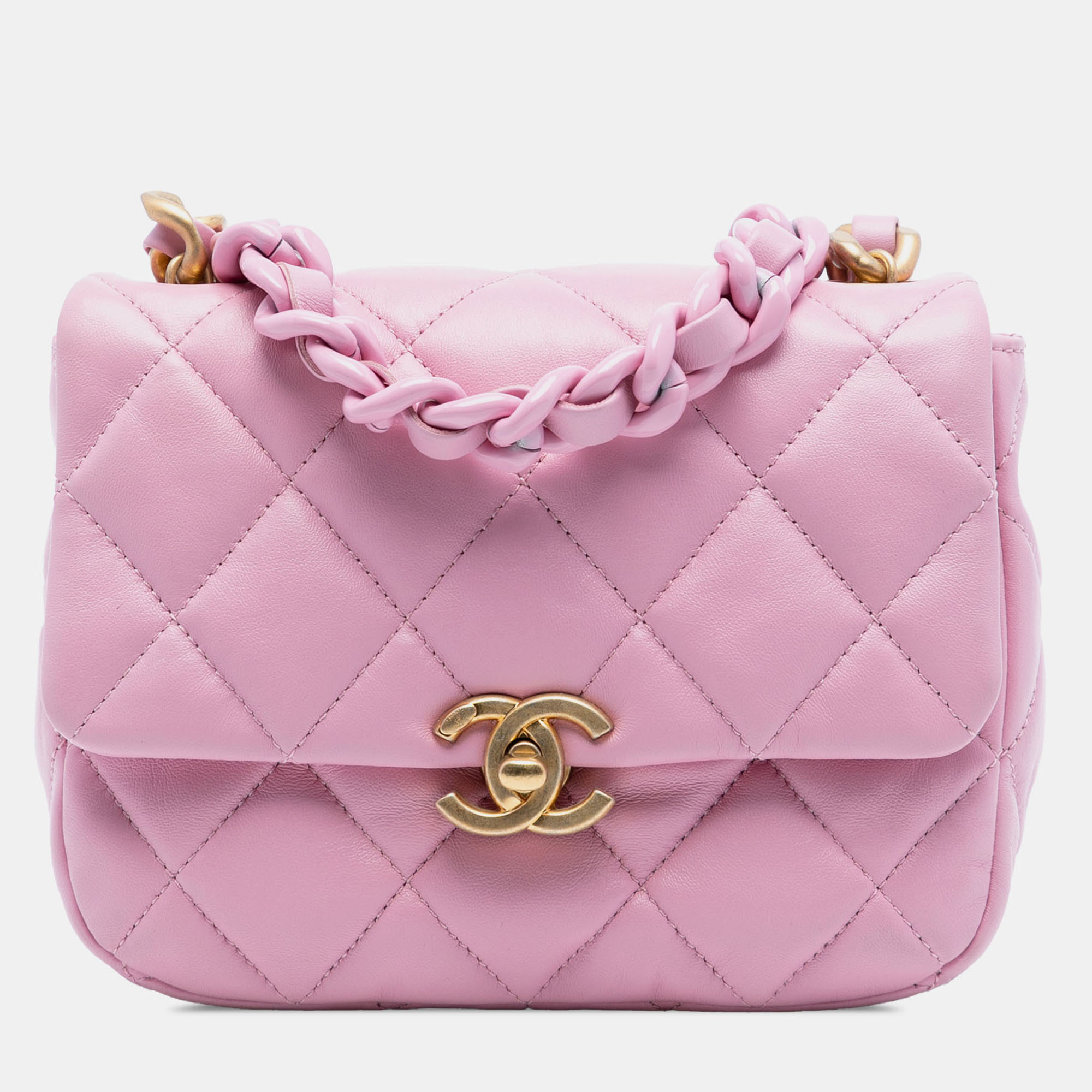 

Chanel Pink Mini Quilted Lambskin Lacquered Chain Flap