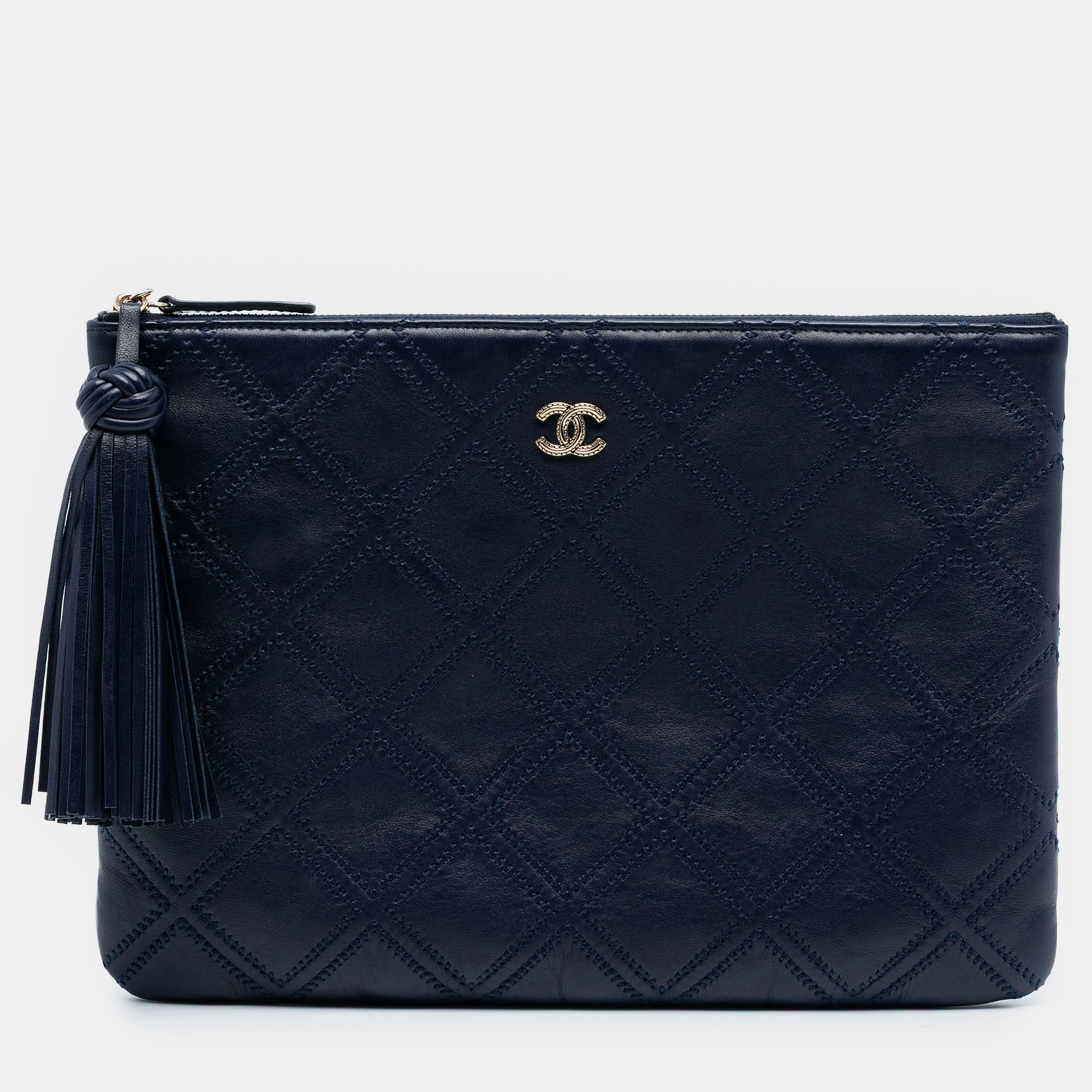 

Chanel Blue Medium Quilted Lambskin Double Stitch Tassel O Case Clutch