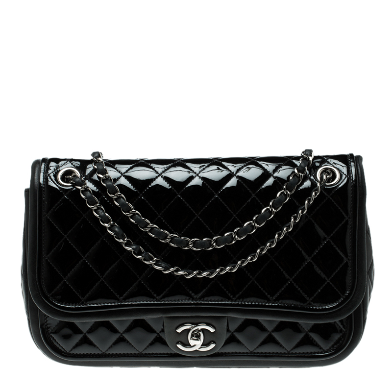 Pre Owned Chanel Black Quilted Patent Leather Classic Flap Bag
