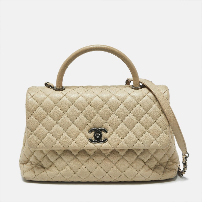 

Chanel Coco Handle Beige Medium Caviar Quilted Leather Top Handle Bag