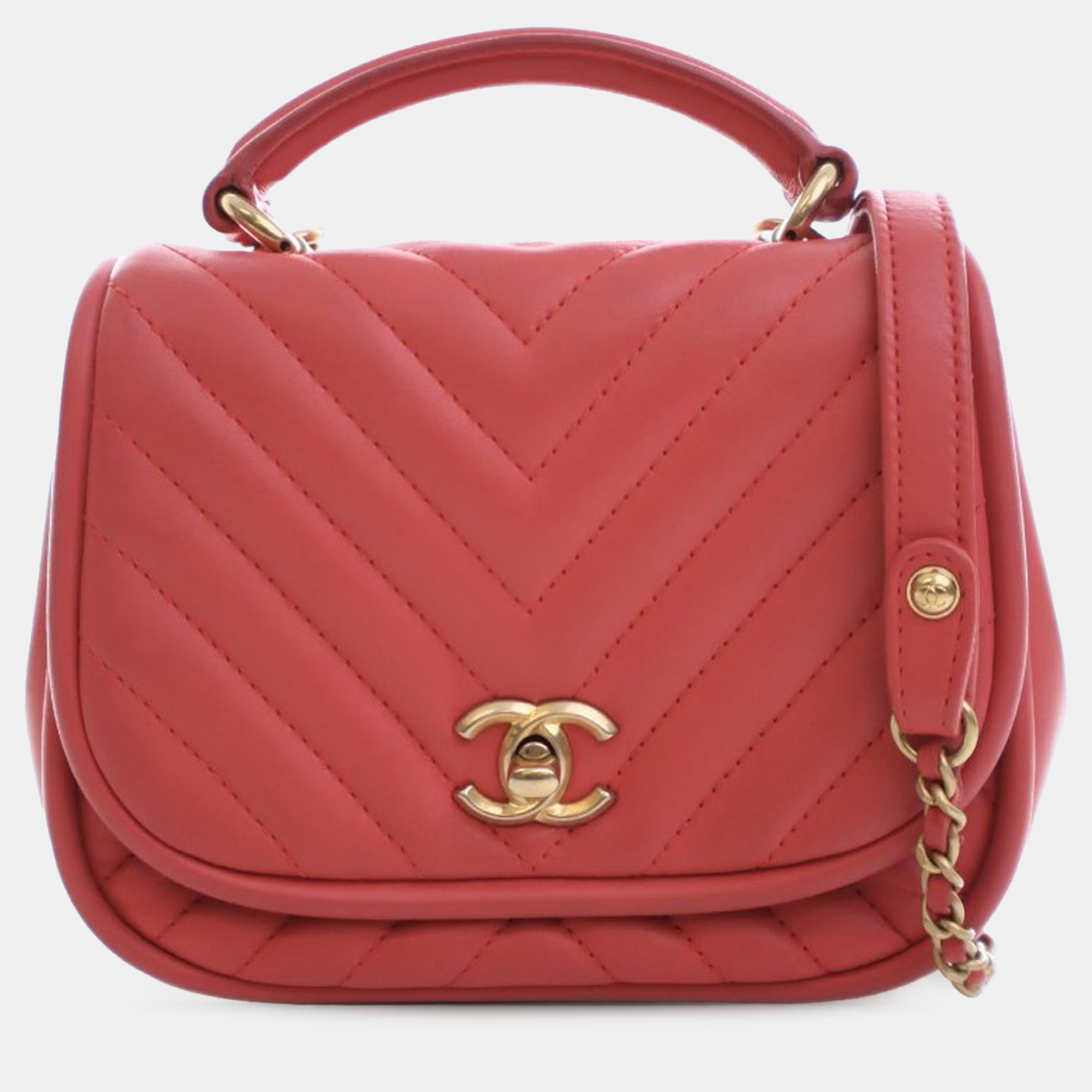 

Chanel Pink Mini CC Chevron Lambskin Reversed Round Flap
