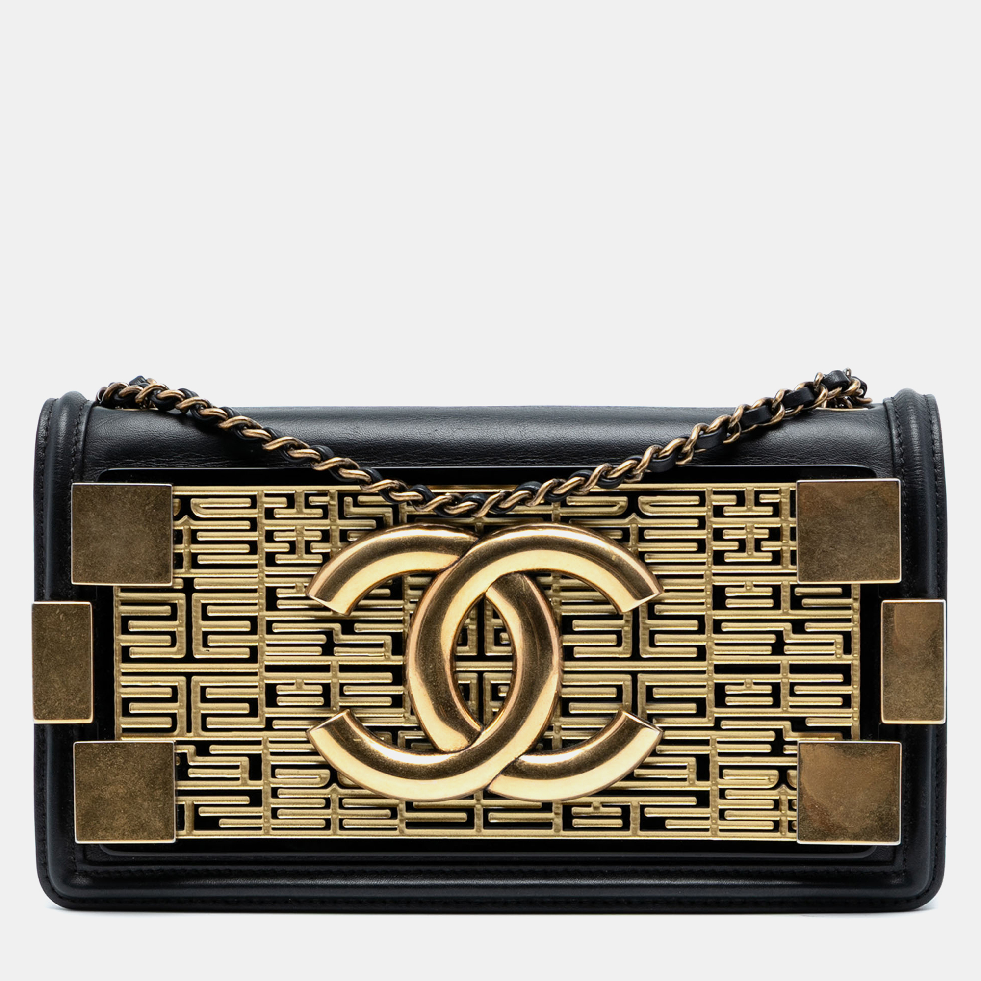 

Chanel Black Gold Paris Seoul Lambskin and Metallic Plate Lego Boy Brick Flap