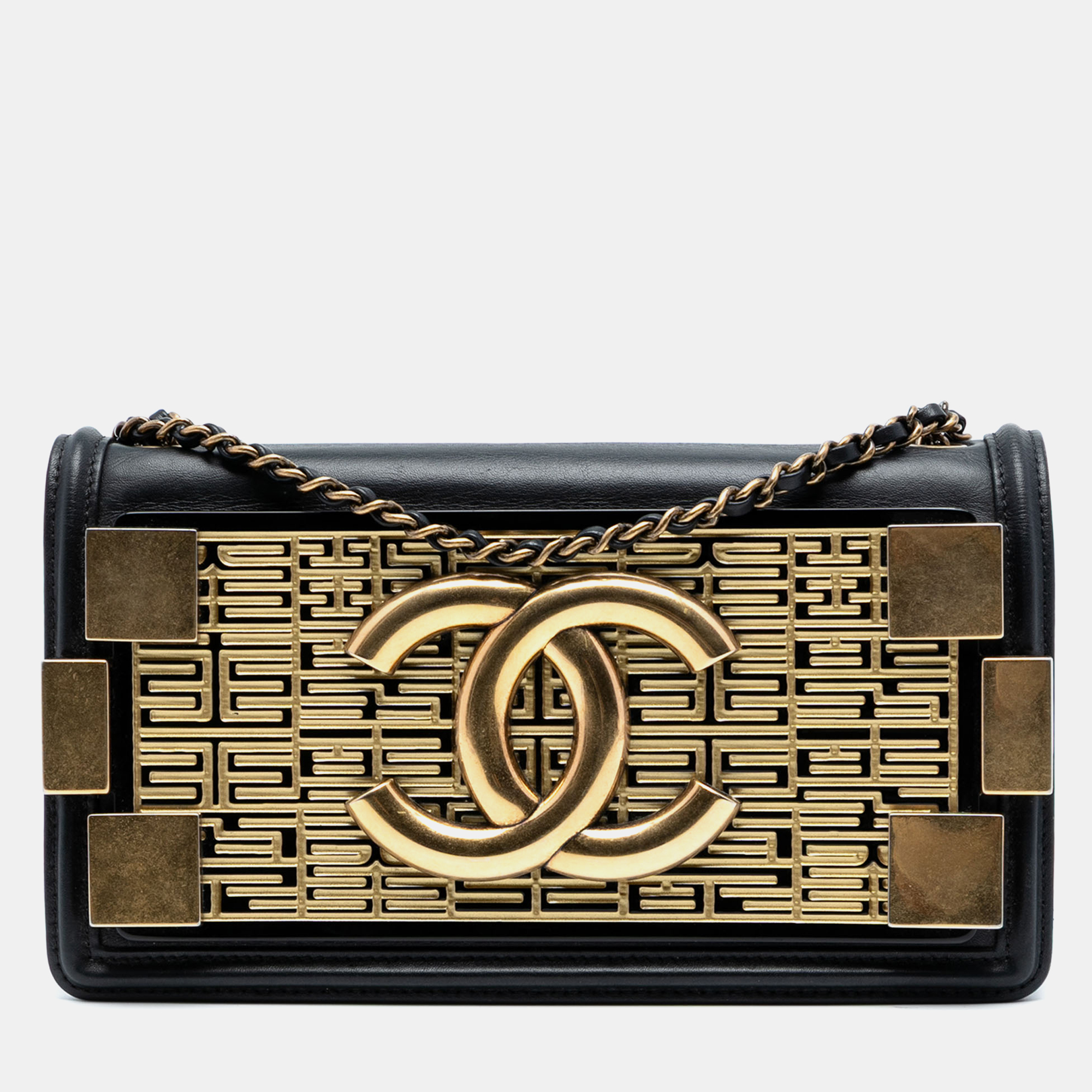 

Chanel Black Gold Paris Seoul Lambskin and Metallic Plate Lego Boy Brick Flap