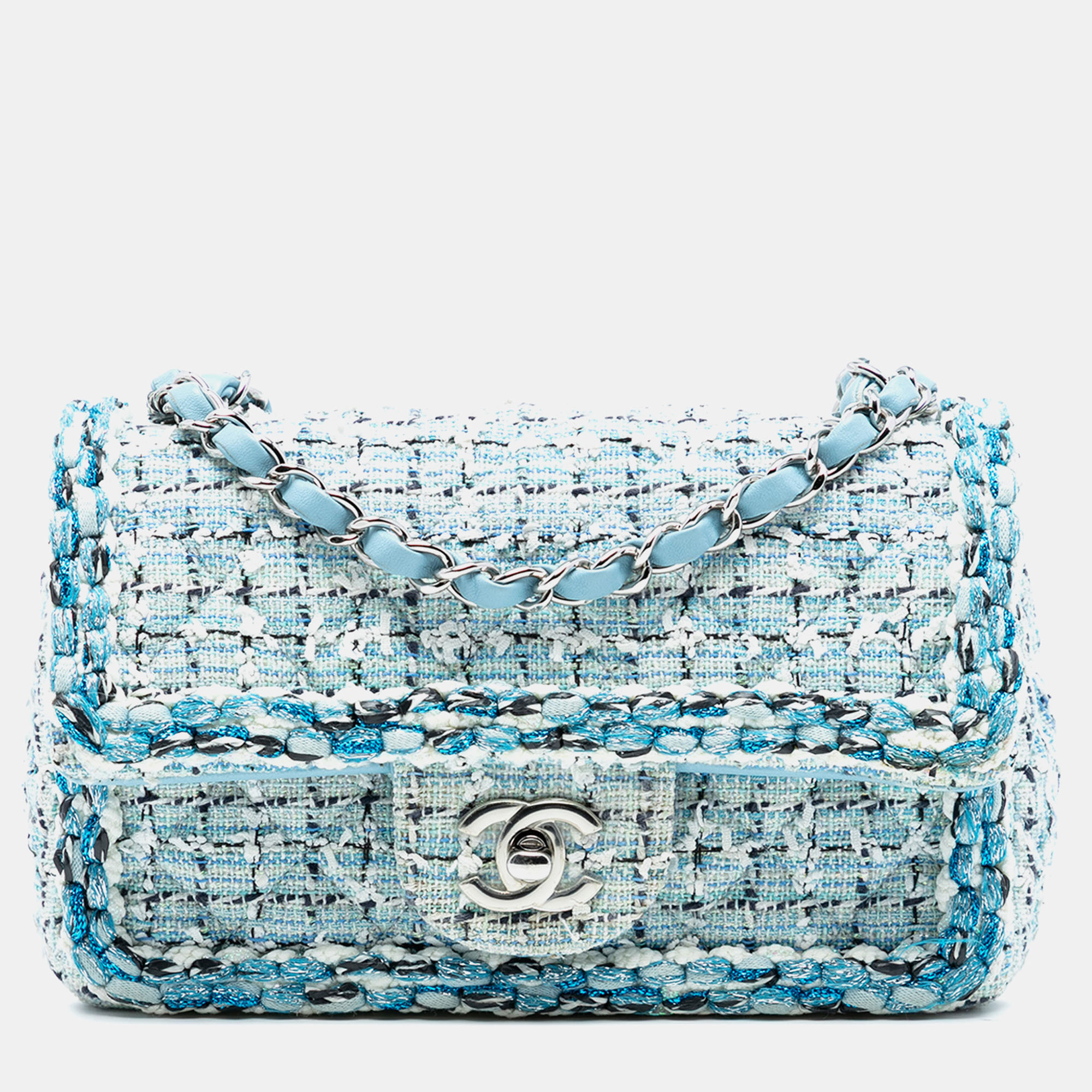 

Chanel Blue Mini Rectangular Classic Tweed Braided Single Flap