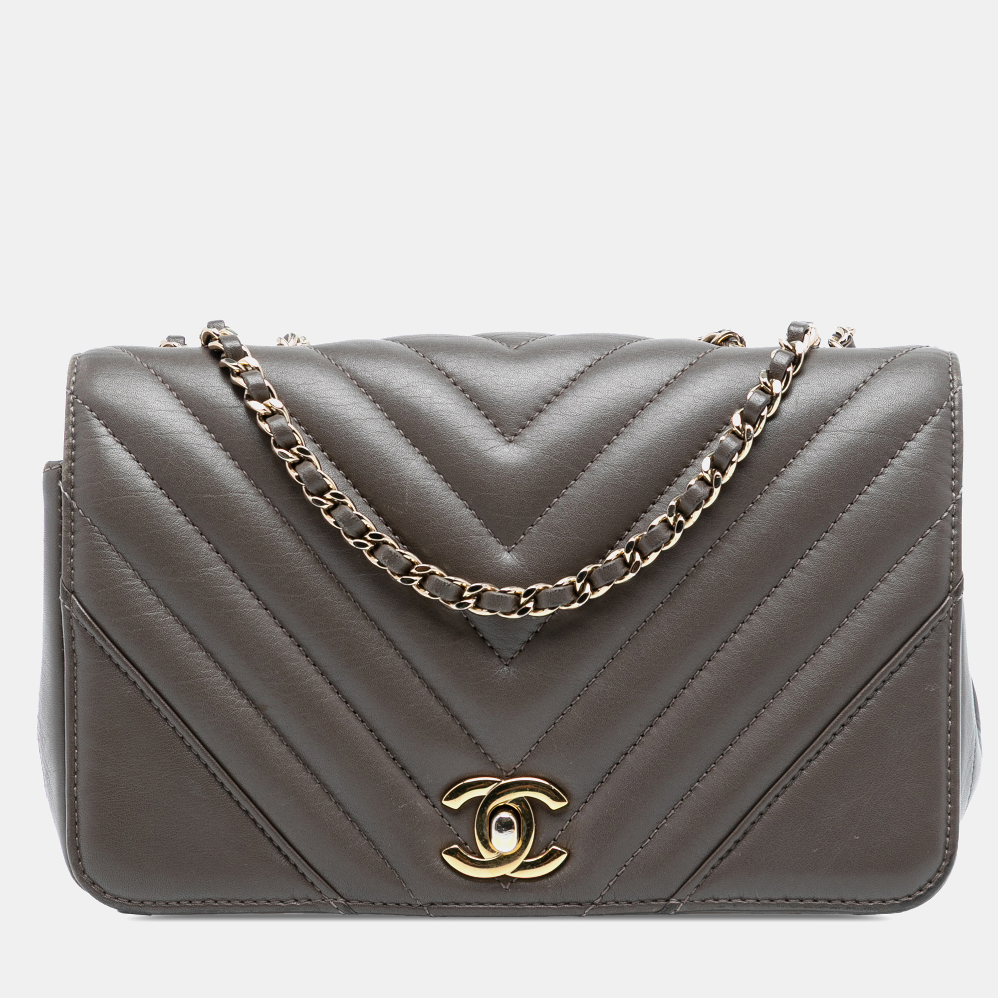 

Chanel Brown Small Chevron Lambskin Statement Flap