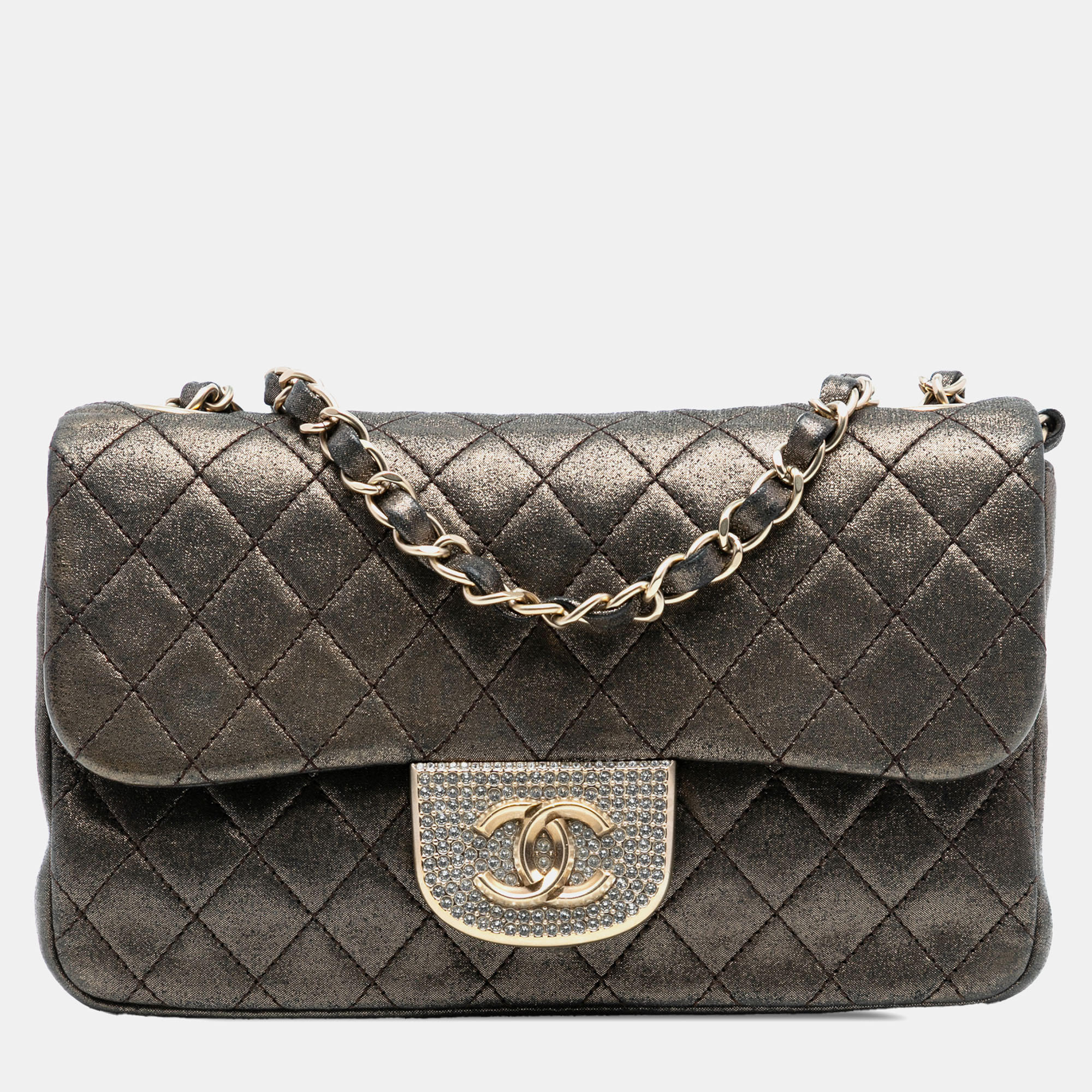 

Chanel Brown Small Metallic Iridescent Pearl CC Crystal Single Flap Bag