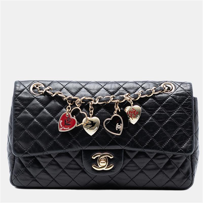 

Chanel Black Medium Classic Lambskin Valentines Heart Charms Single Flap