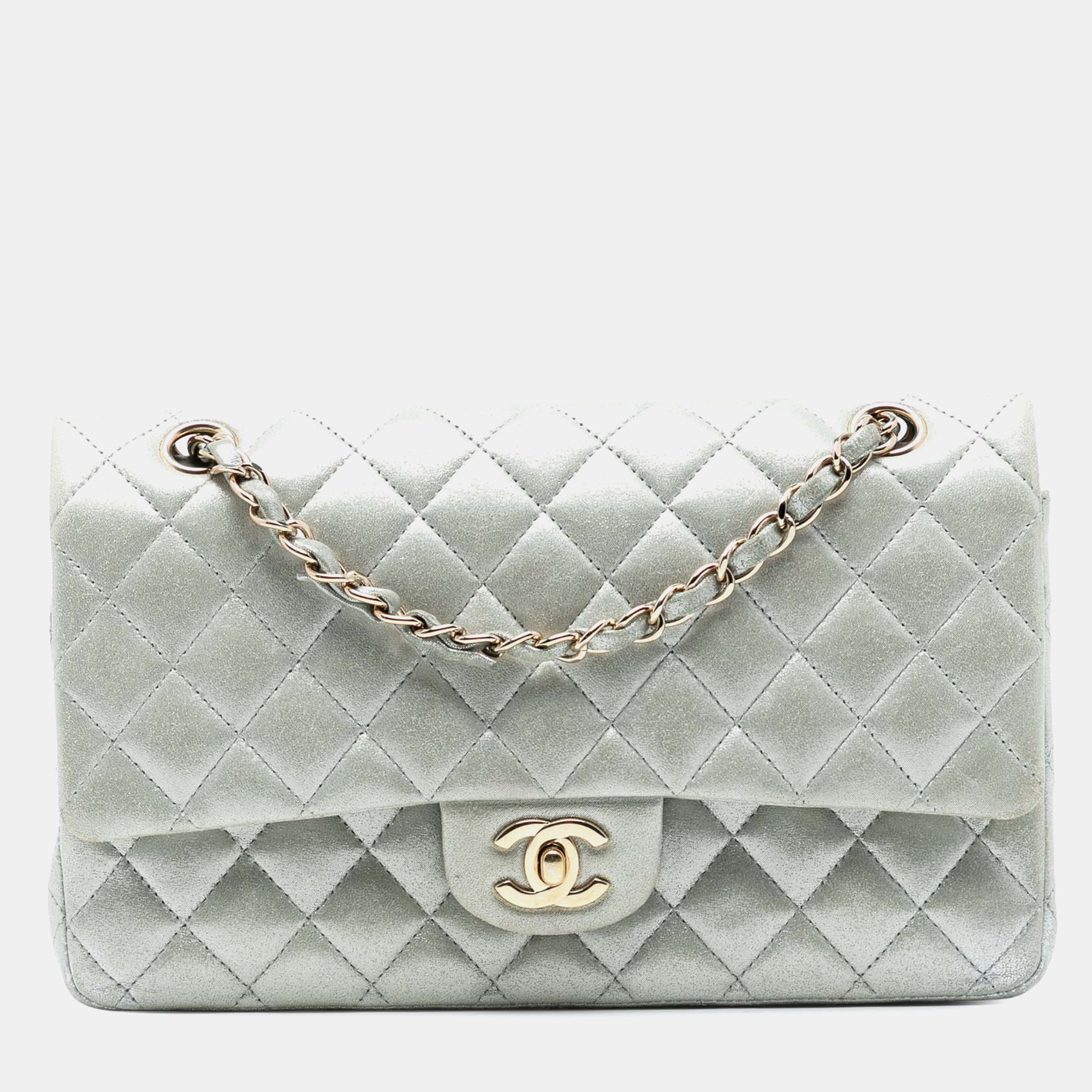 

Chanel Silver Medium Classic Iridescent Lambskin Double Flap