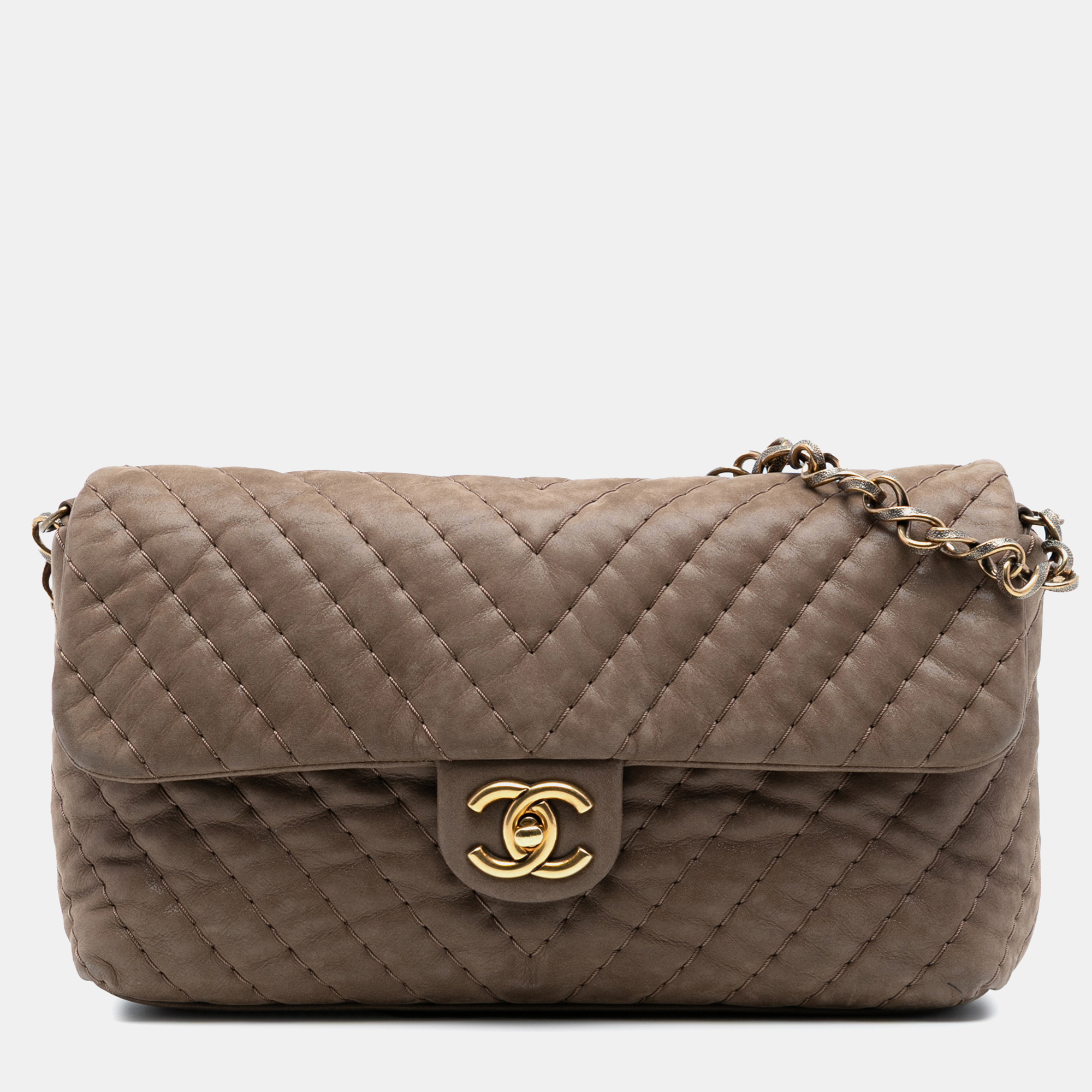 

Chanel Brown Jumbo Chevron Iridescent Calfskin Surpique Flap