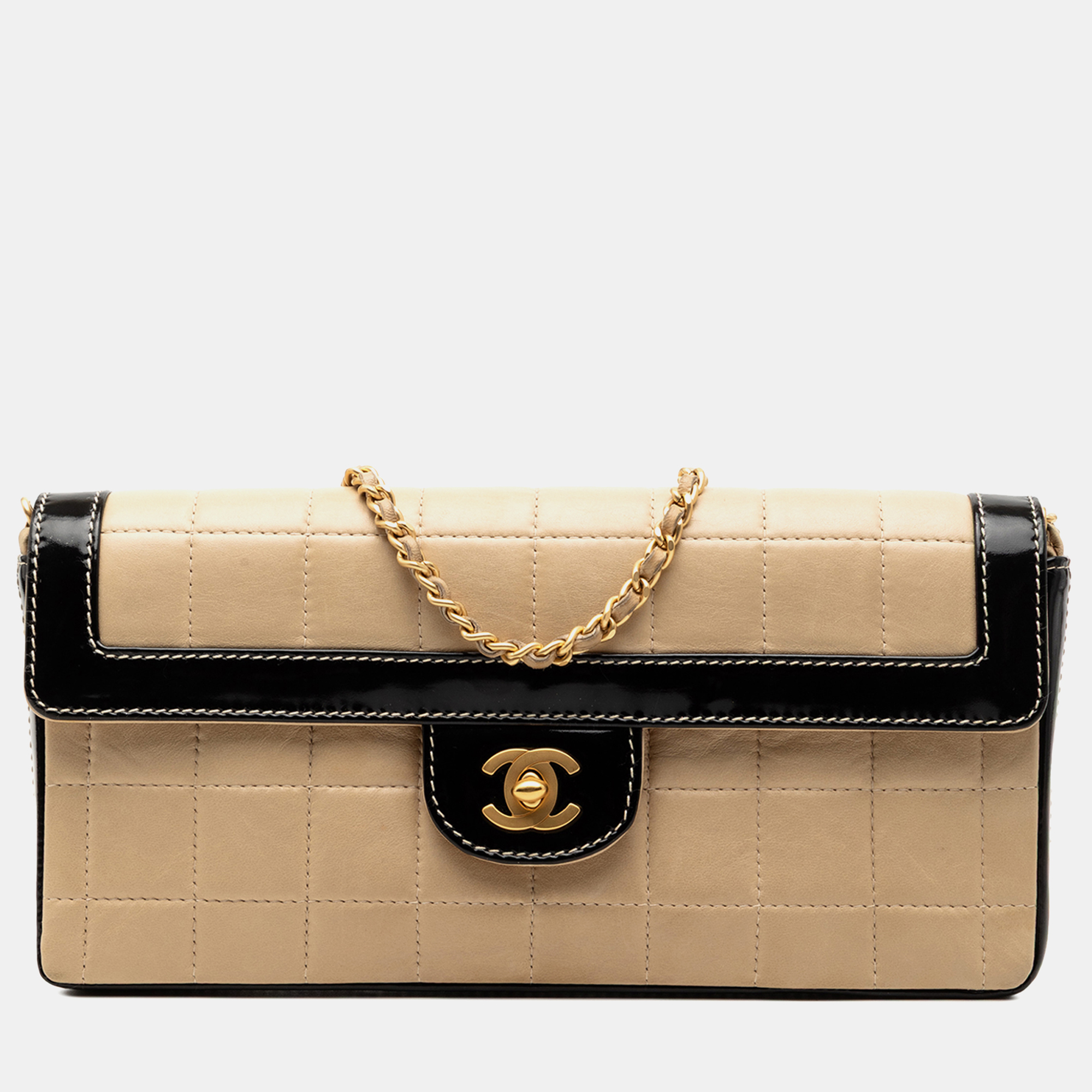 

Chanel Black Brown CC Chocolate Bar Lambskin and Patent East West Flap