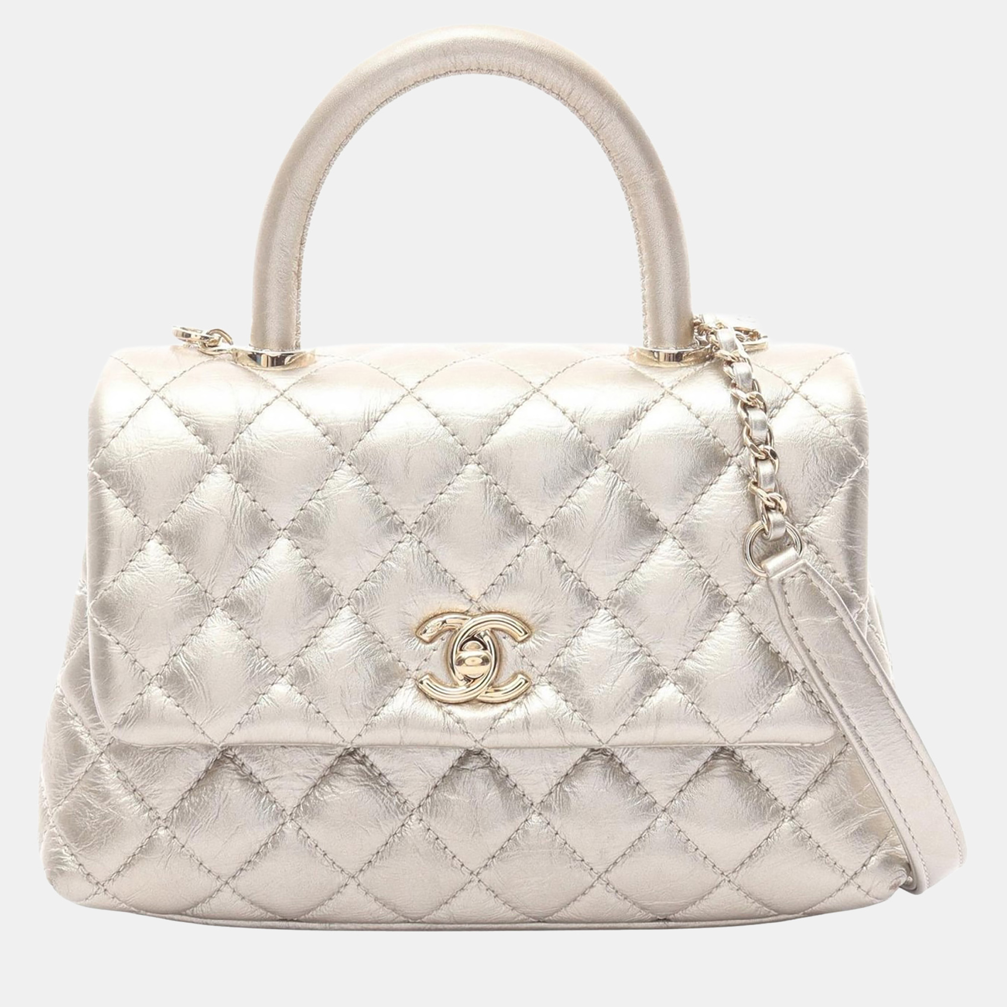 

Chanel Coco Handle Metallic Silver Leather Top Handle Bag