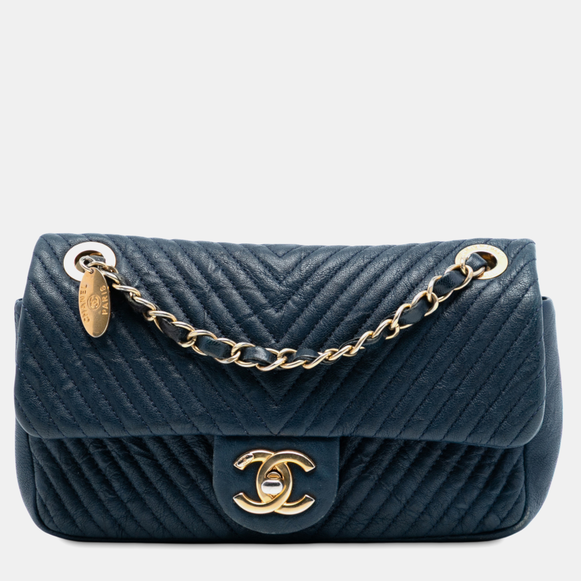 

Chanel Blue Small Chevron Wrinkled Calfskin Medallion Charm Surpique Flap