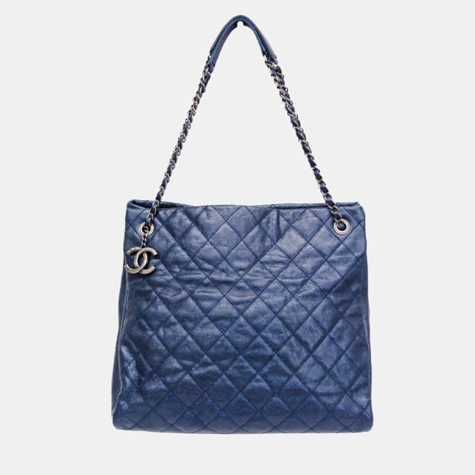

Chanel Matelasse Chain Shoulder Tote Grained Calfskin Tote Bag Blue