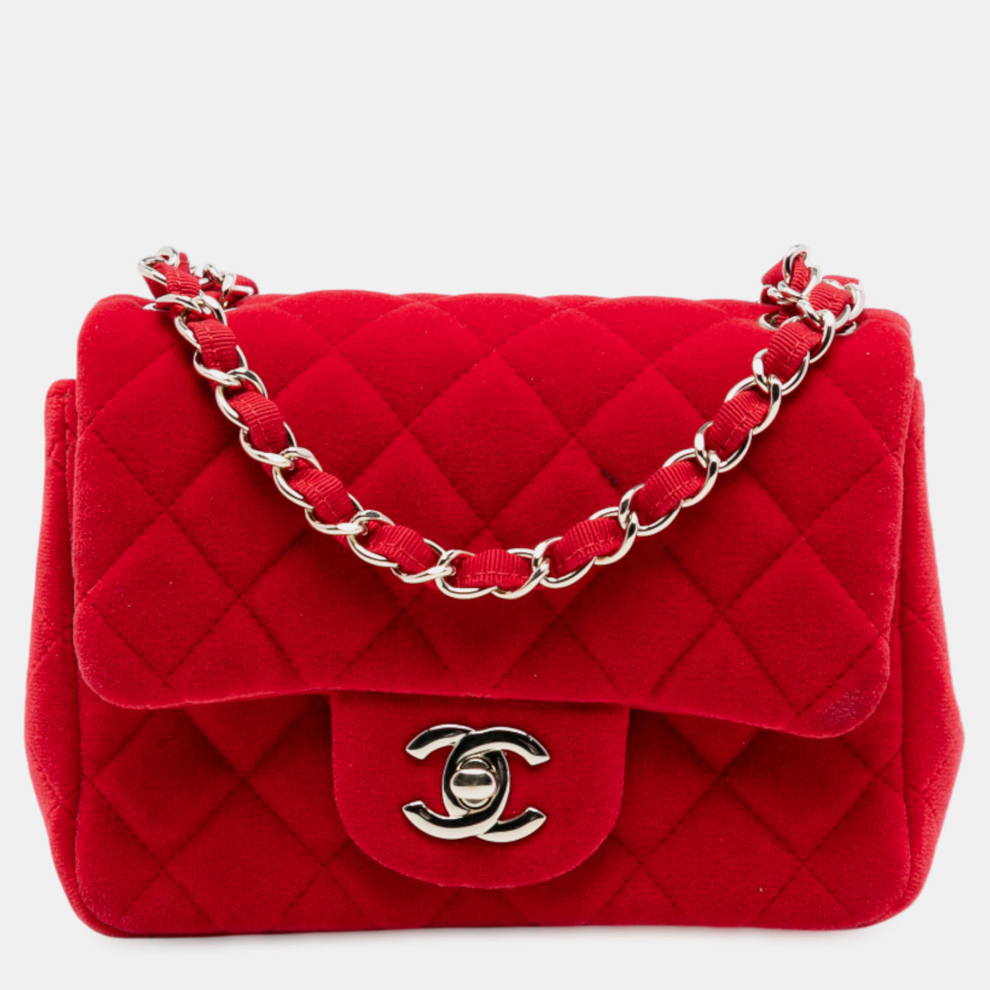 

Chanel Red Mini Square Classic Velvet Single Flap