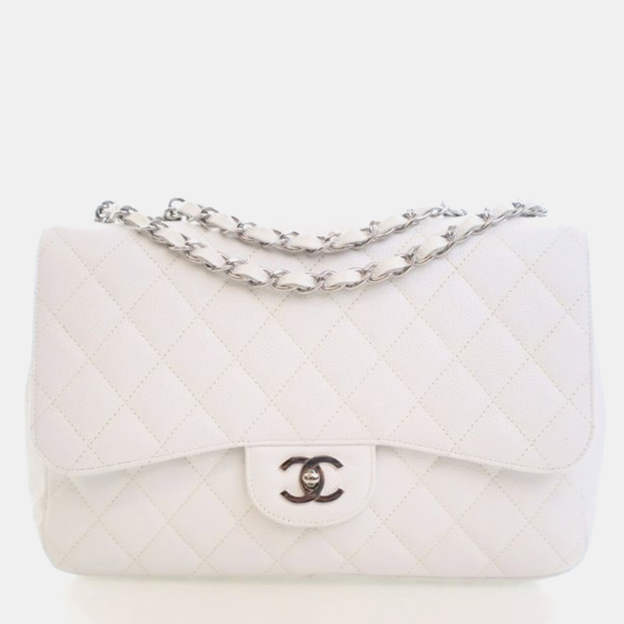 

Chanel Jumbo Caviar Classic Single Flap Bag, White