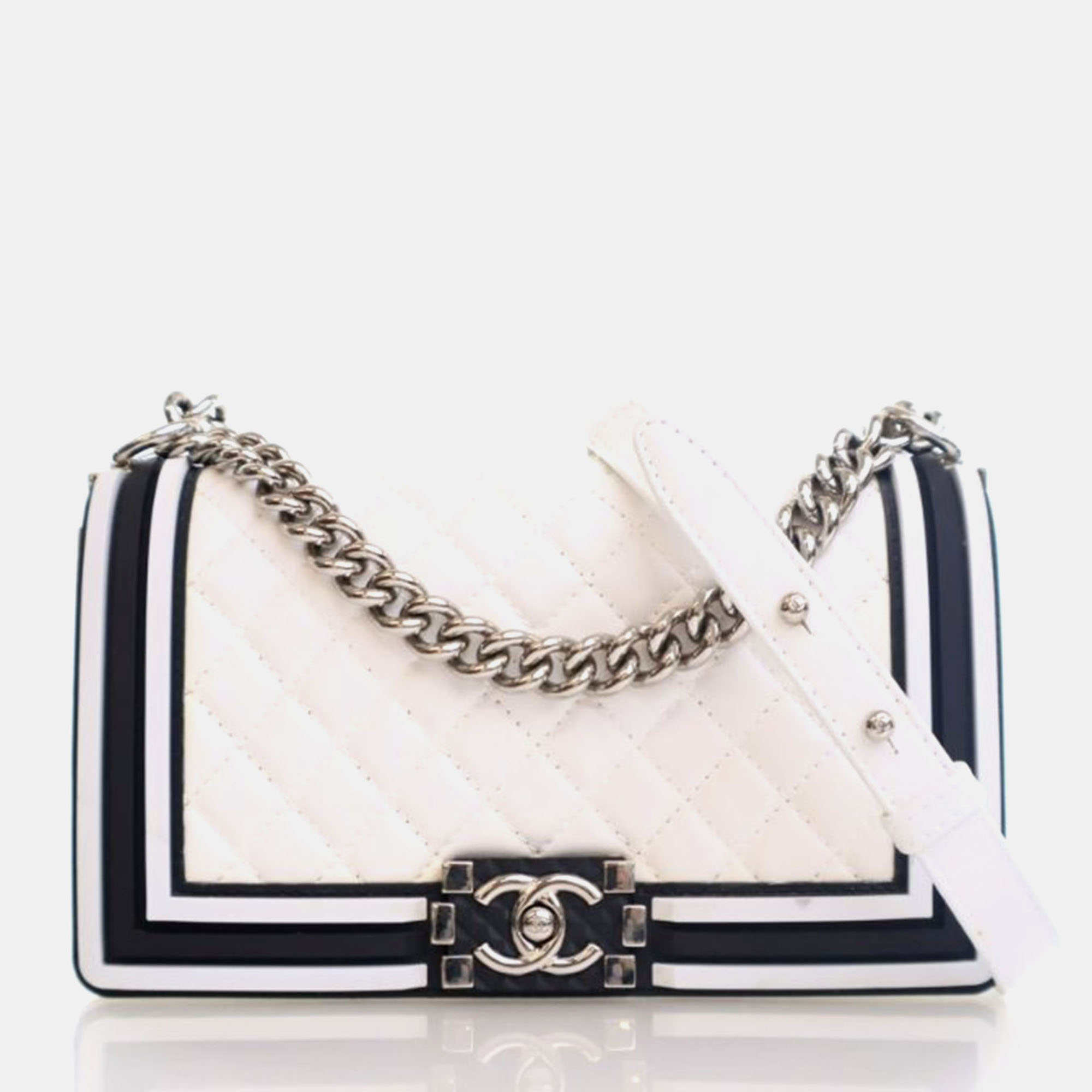 

Chanel Medium White Calfskin Boy Bag, Black