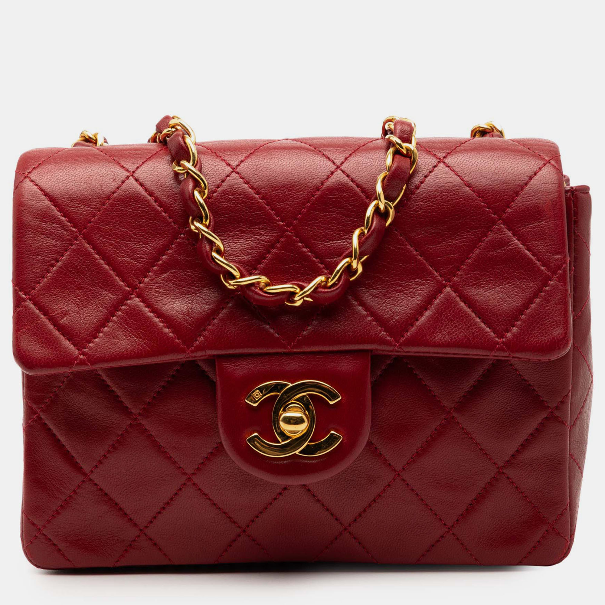 

Chanel Red Mini Square Classic Lambskin Single Flap