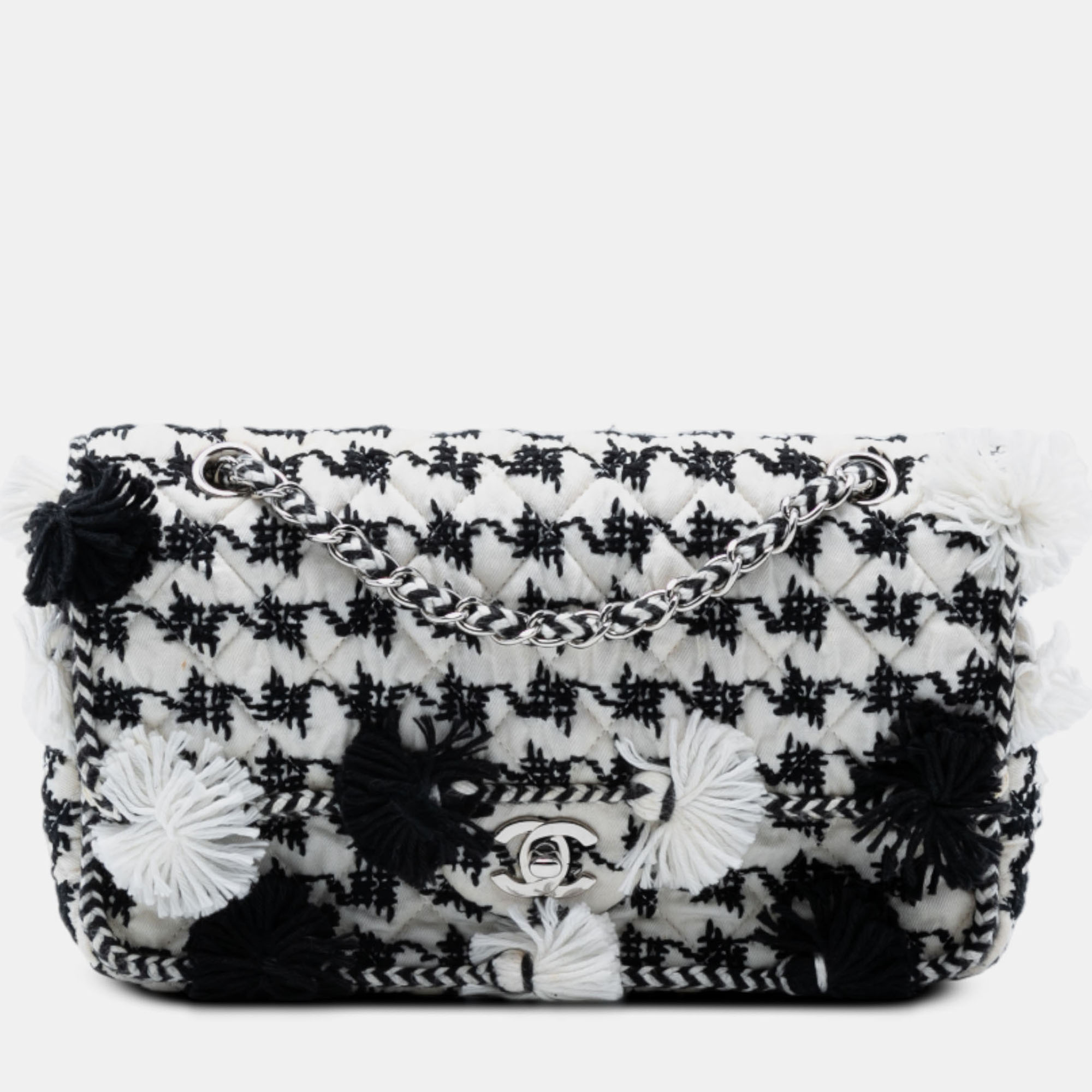 

Chanel Black White Medium Classic Embroidered Canvas Double Flap