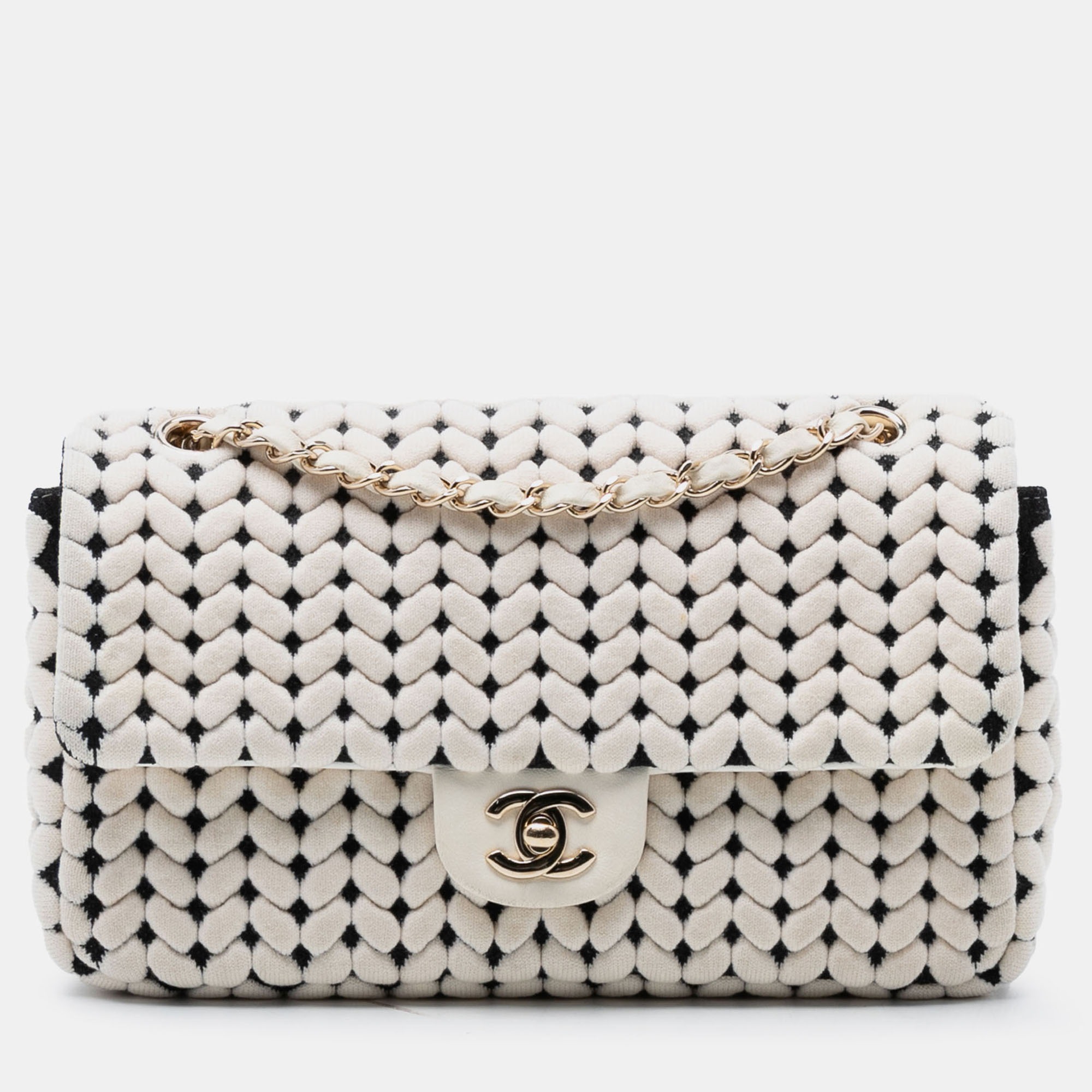 

Chanel Black White Medium Calfskin and Wool Knit Single Flap