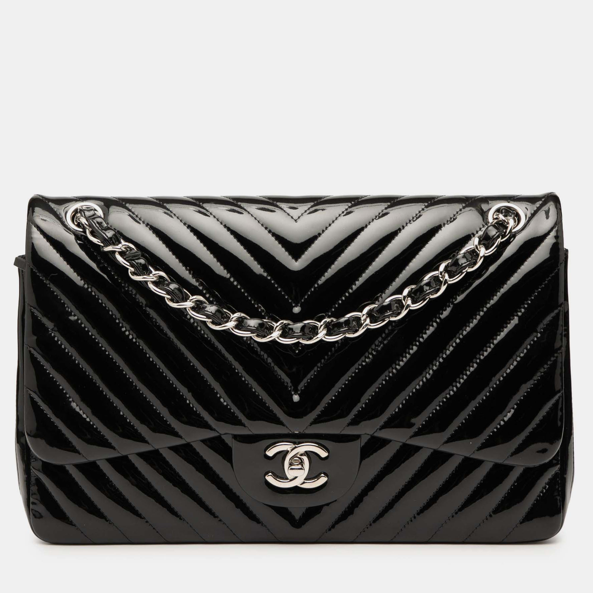 

Chanel Black Jumbo Classic Chevron Patent Double Flap