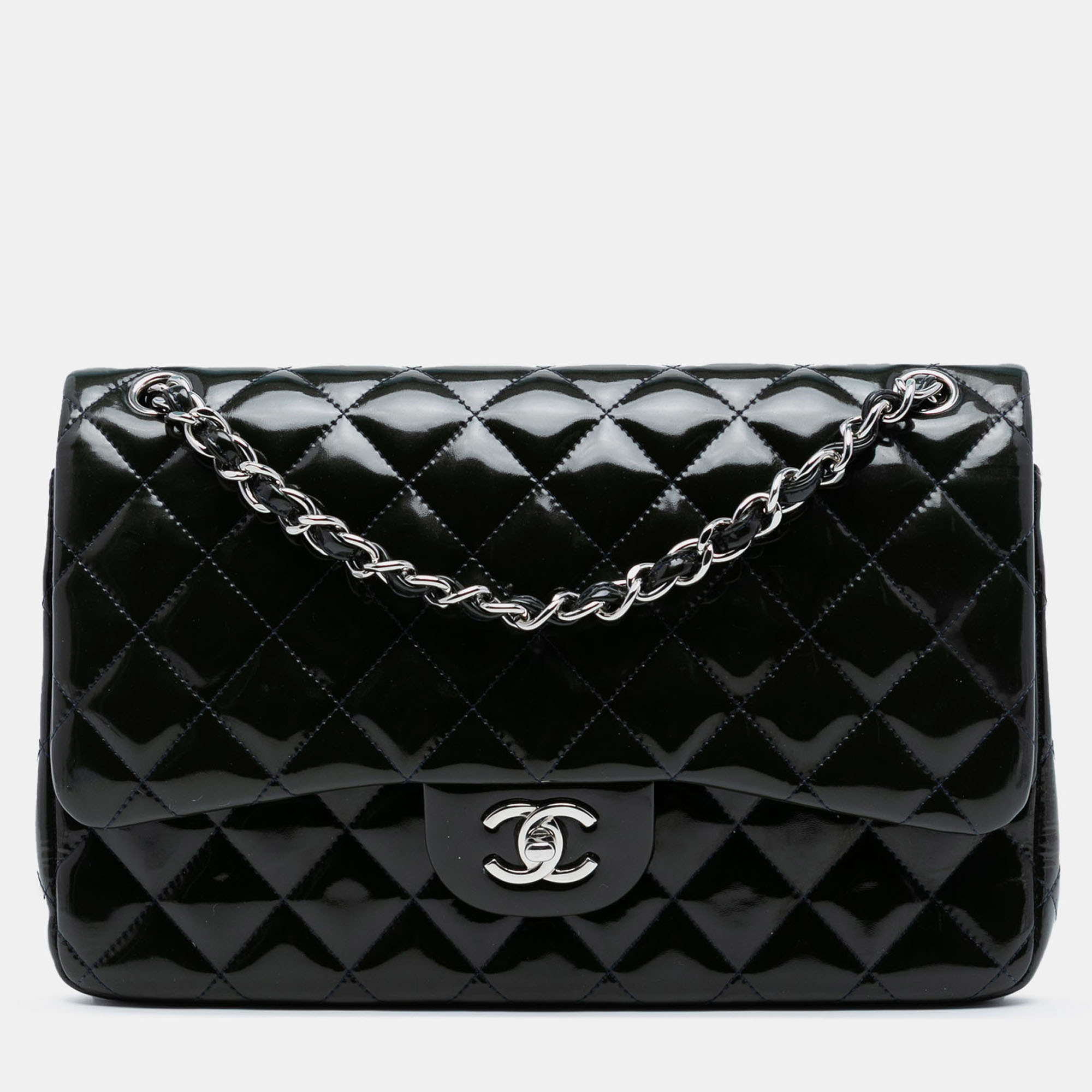 

Chanel Blue Jumbo Classic Patent Double Flap