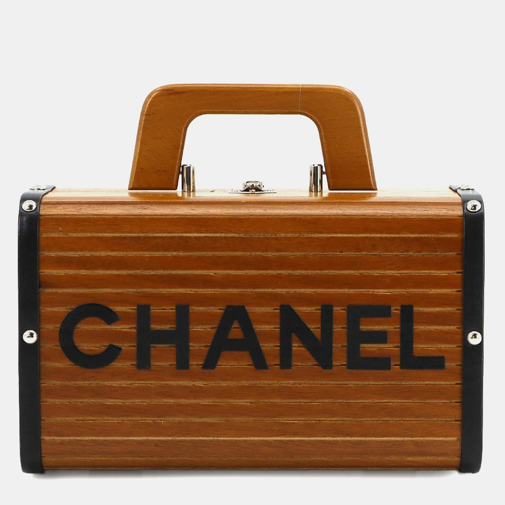 

Chanel Wood Brown Black Leather Vanity Handbag