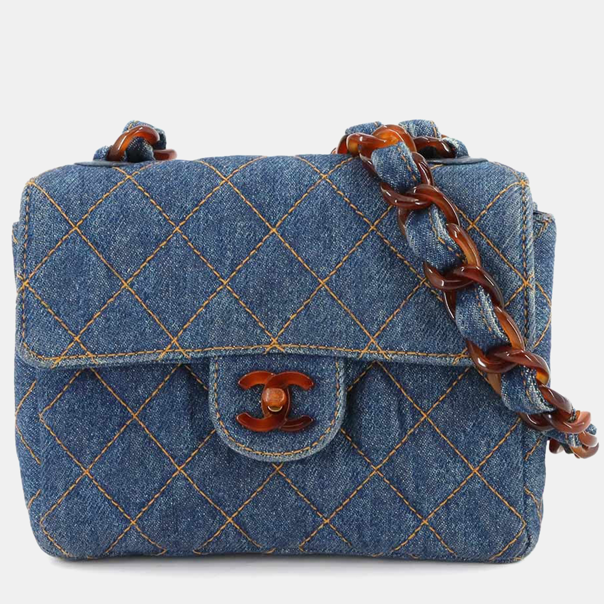 

Chanel Square Classic Single Flap Blue Quilted Denim Tortoiseshell Bakelite Shoulder Bag