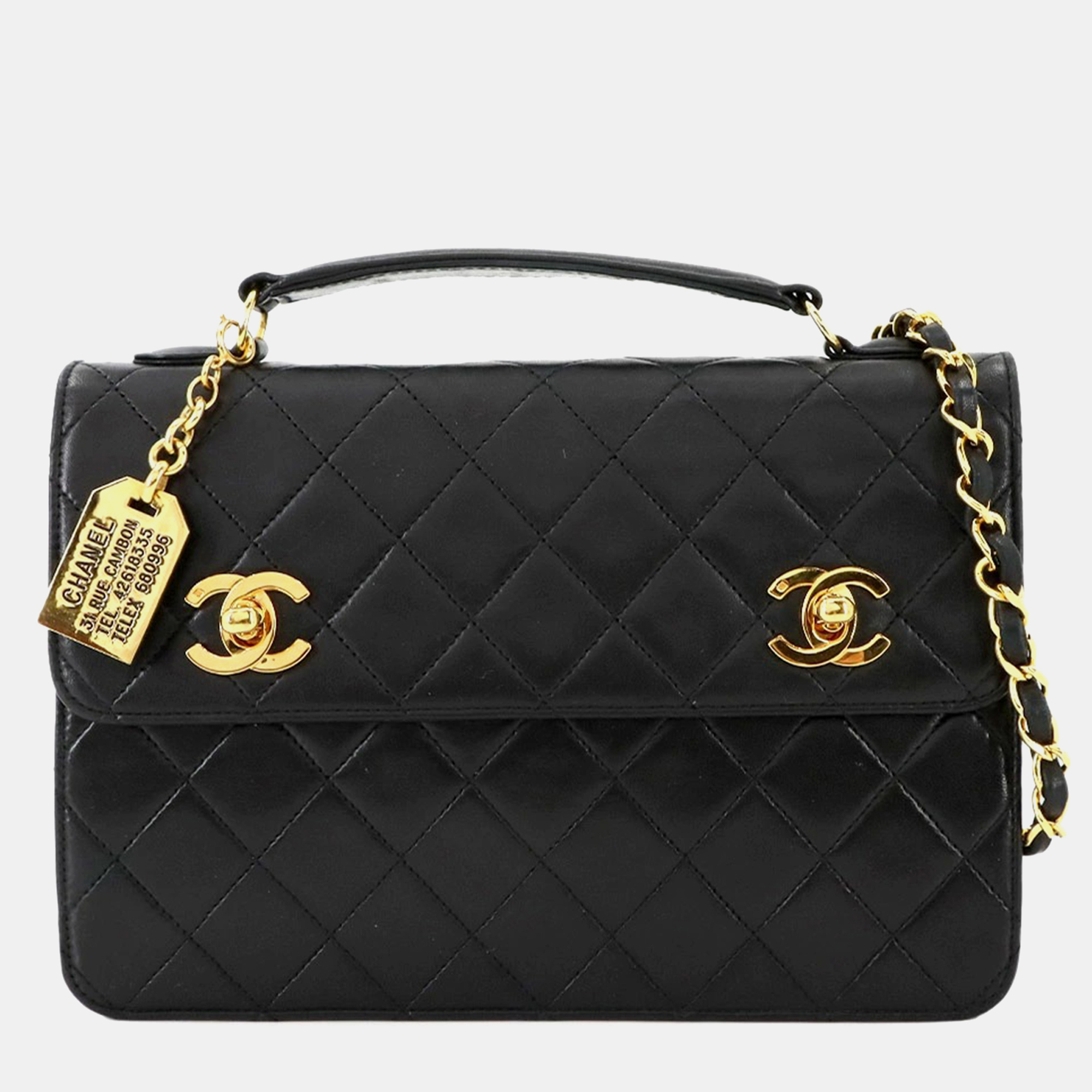 

Chanel Double CC Turn Lock Cambon Charm Small Black Quilted Lambskin Shoulder Bag