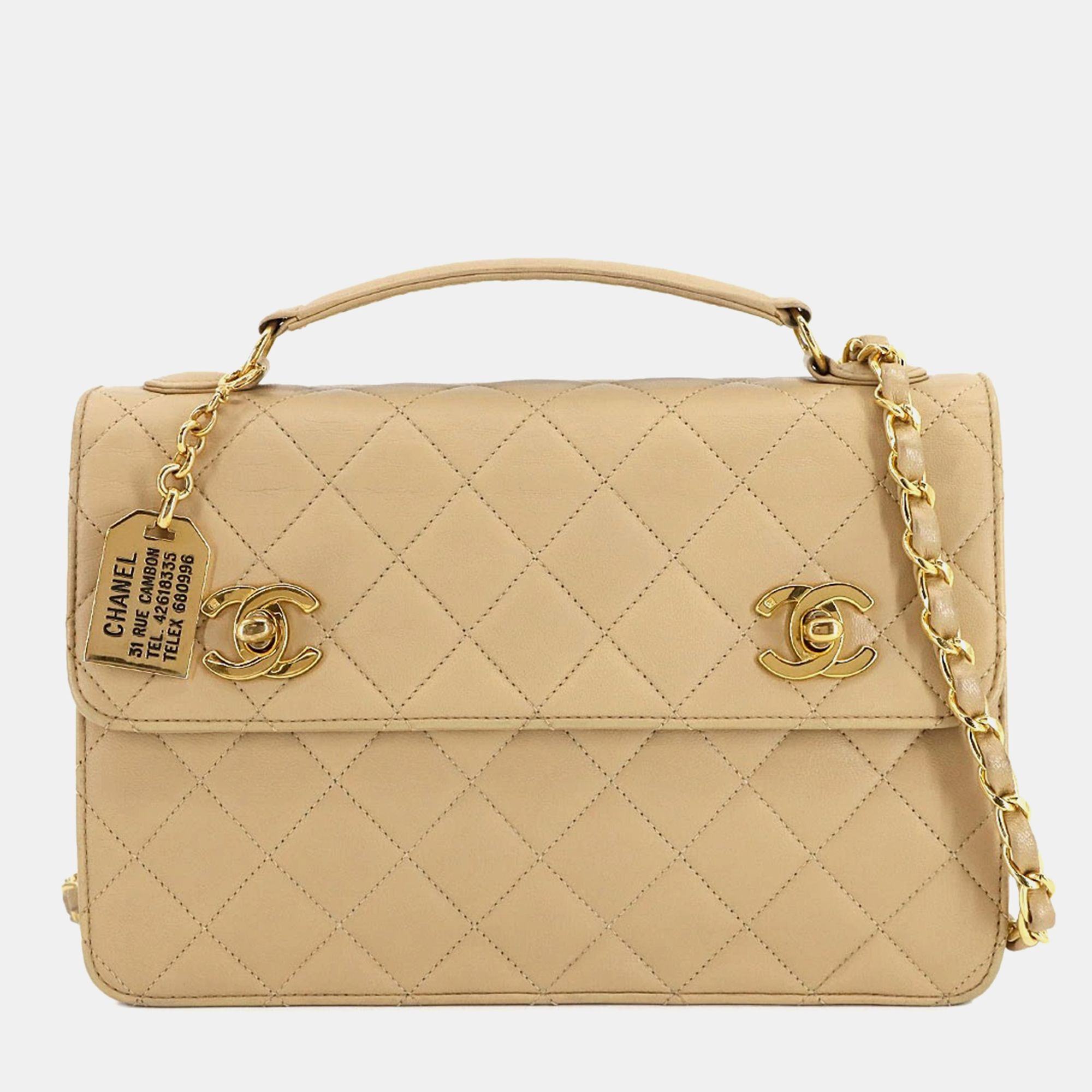 

Chanel Double CC Turn Lock Cambon Charm Small Beige Quilted Lambskin Shoulder Bag