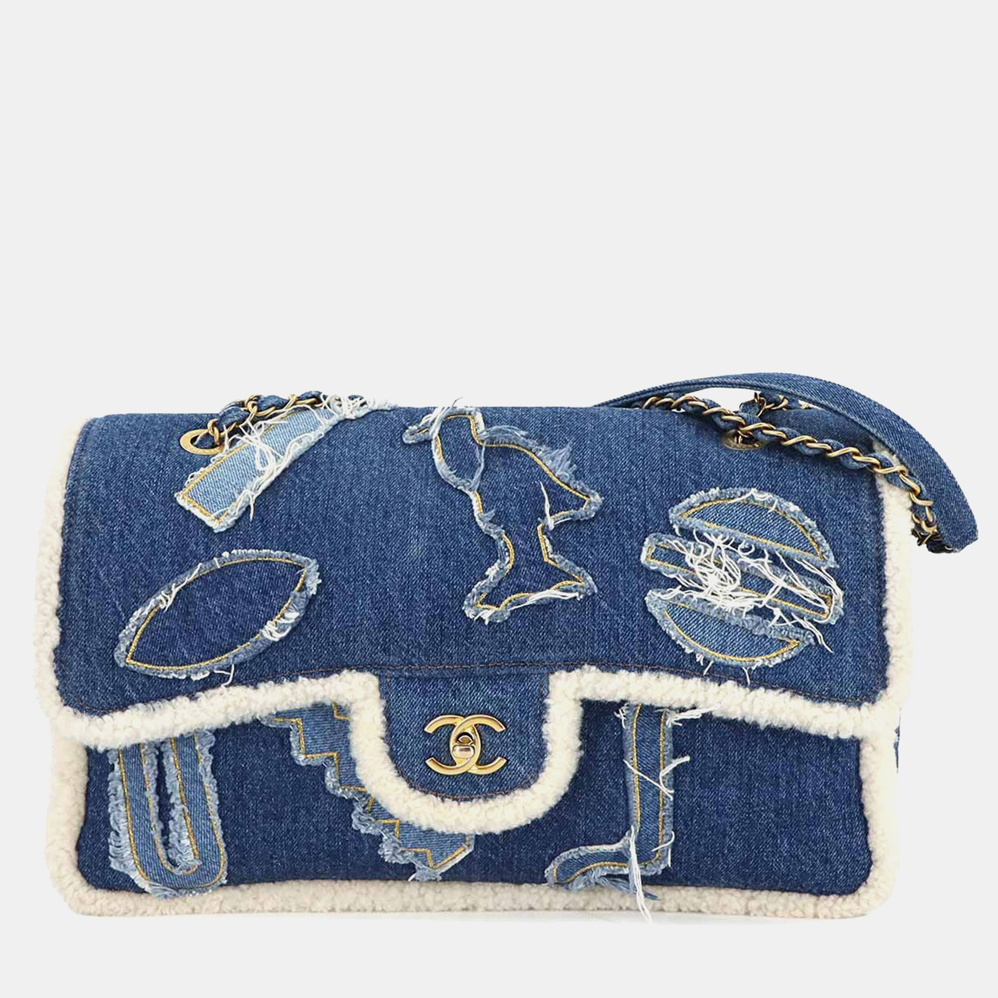 

Chanel Paris-Egypt Hieroglyph Flap Blue Denim Shearling Chain Shoulder Bag