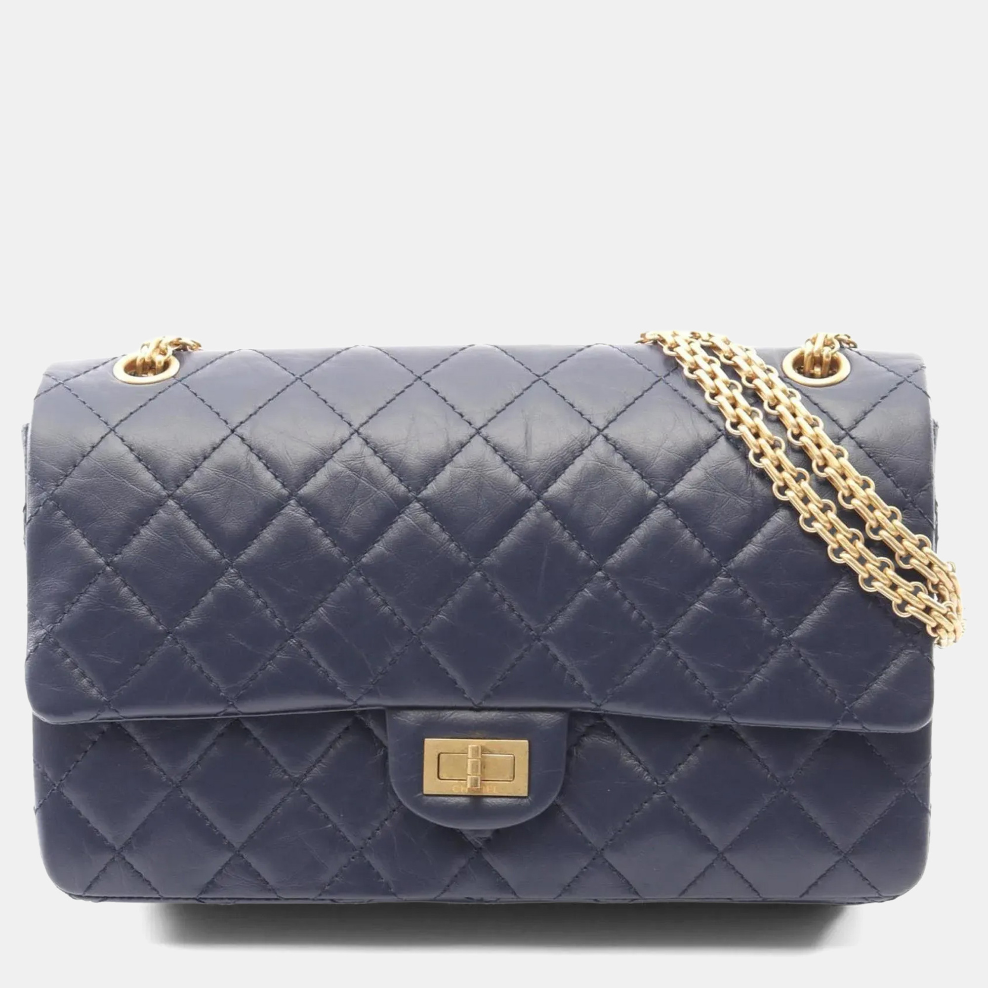 

Chanel 2.55 Matelasse Double Flap Shoulder Bag Leather Navy, Navy blue