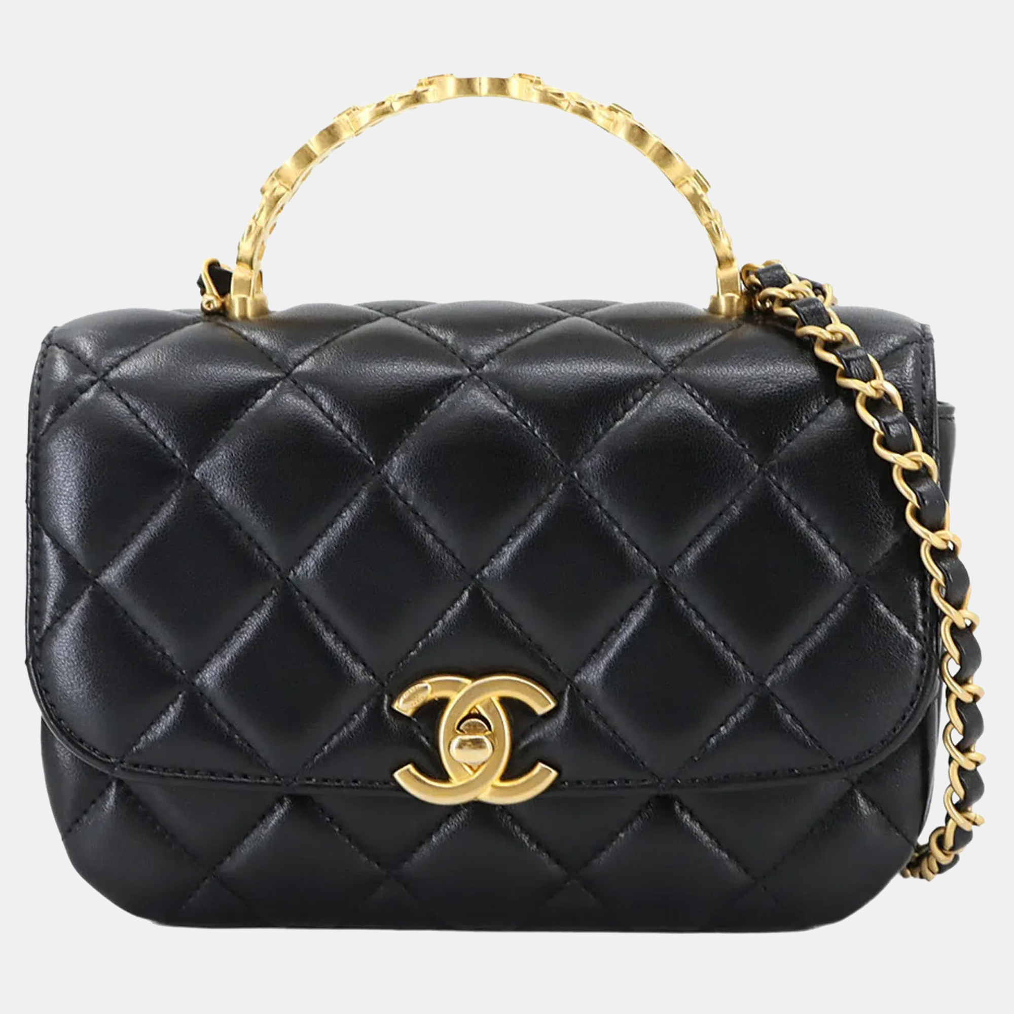 

Chanel Matelasse Top Handle Bag 2-Way Hand Chain Shoulder Bag In Black Lambskin