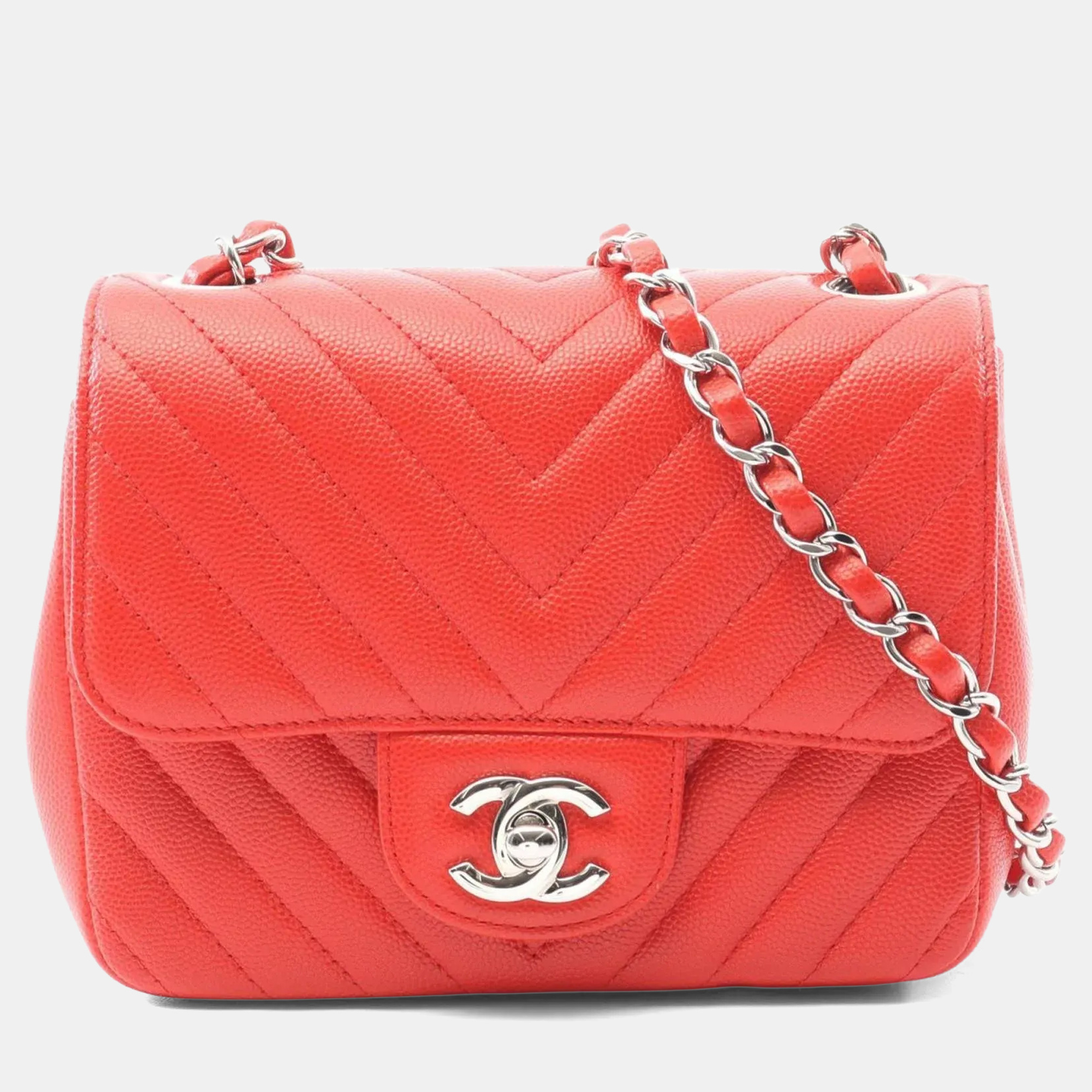 

Chanel Chevron V-Stitch Shoulder Bag Leather Red