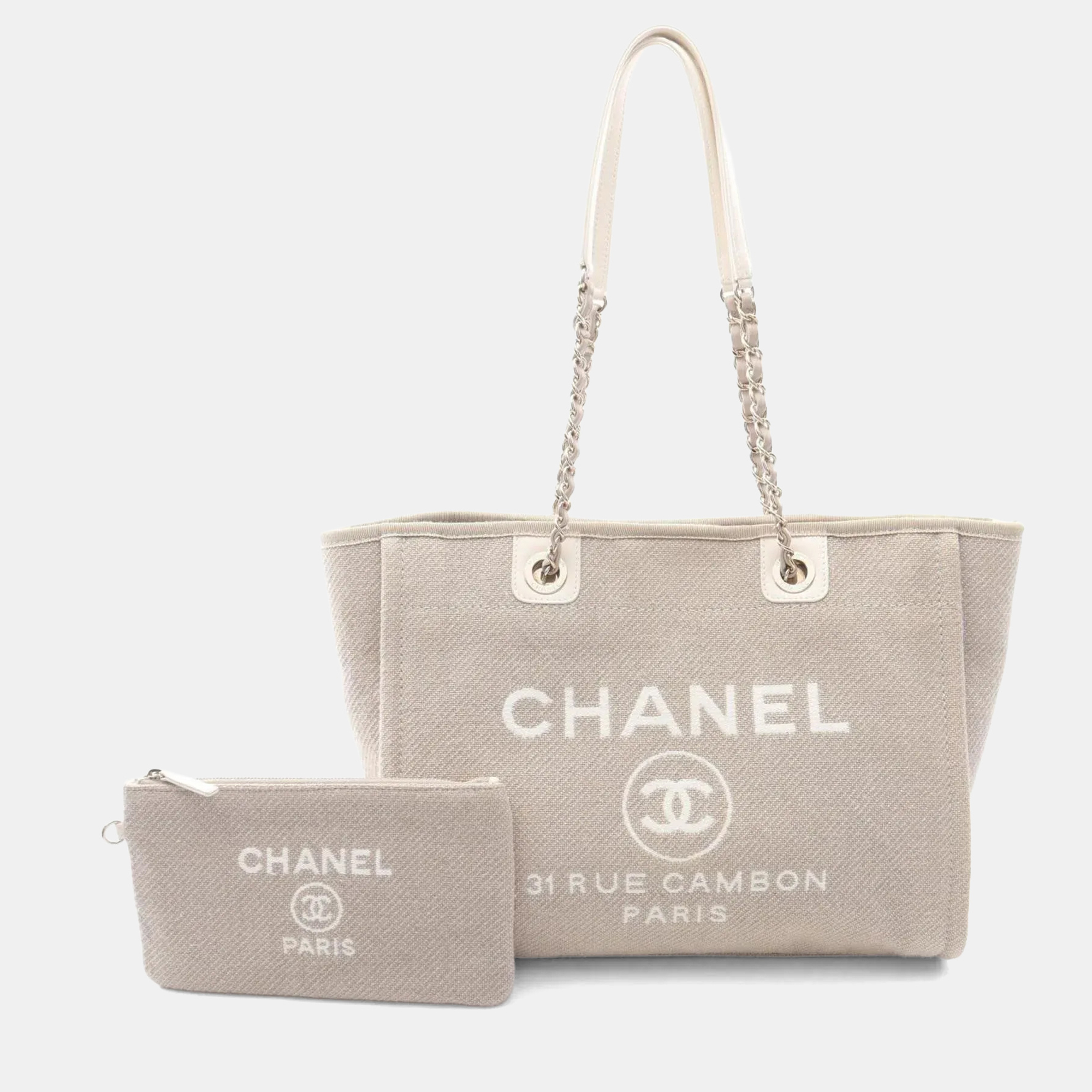 

Chanel Deauville Beige White Canvas Leather Tote Bag