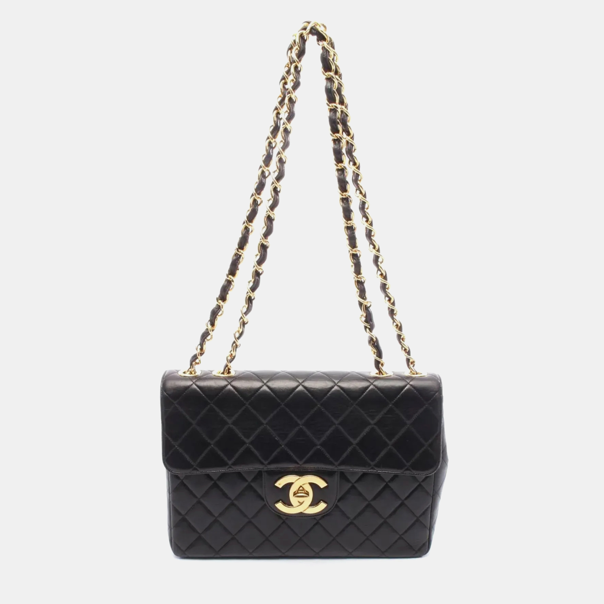 

Chanel Deca Matelasse 30 Single Flap Shoulder Bag In Lambskin Leather Black