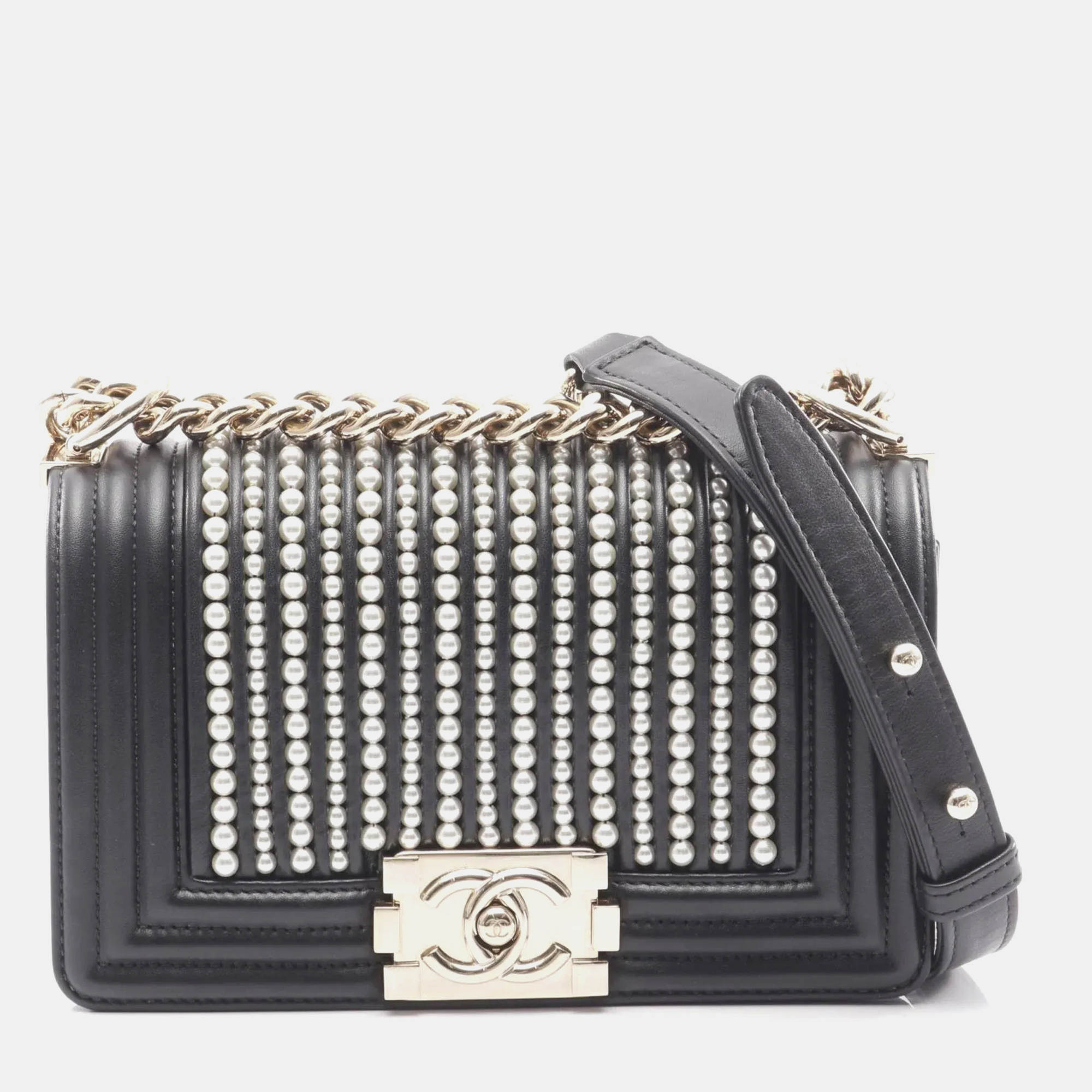 

Chanel Boy Chanel Small Shoulder Bag In Lambskin With Faux Pearls Black And Ivory