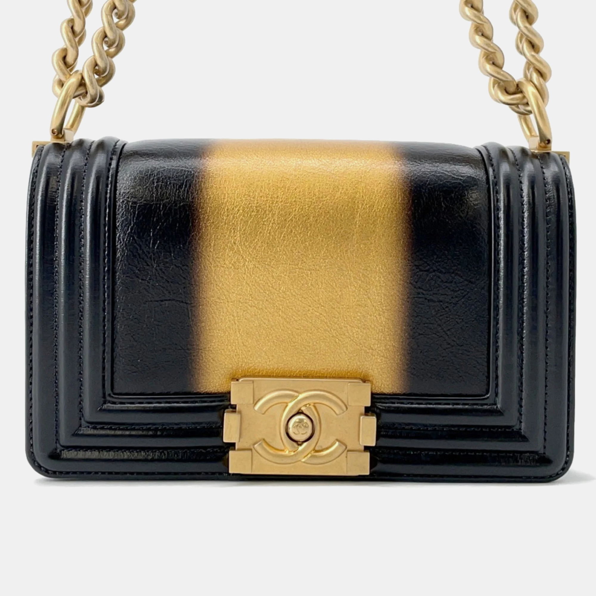 

Chanel Boy Small Chain Shoulder Bag Leather With Coco Mark Line Black