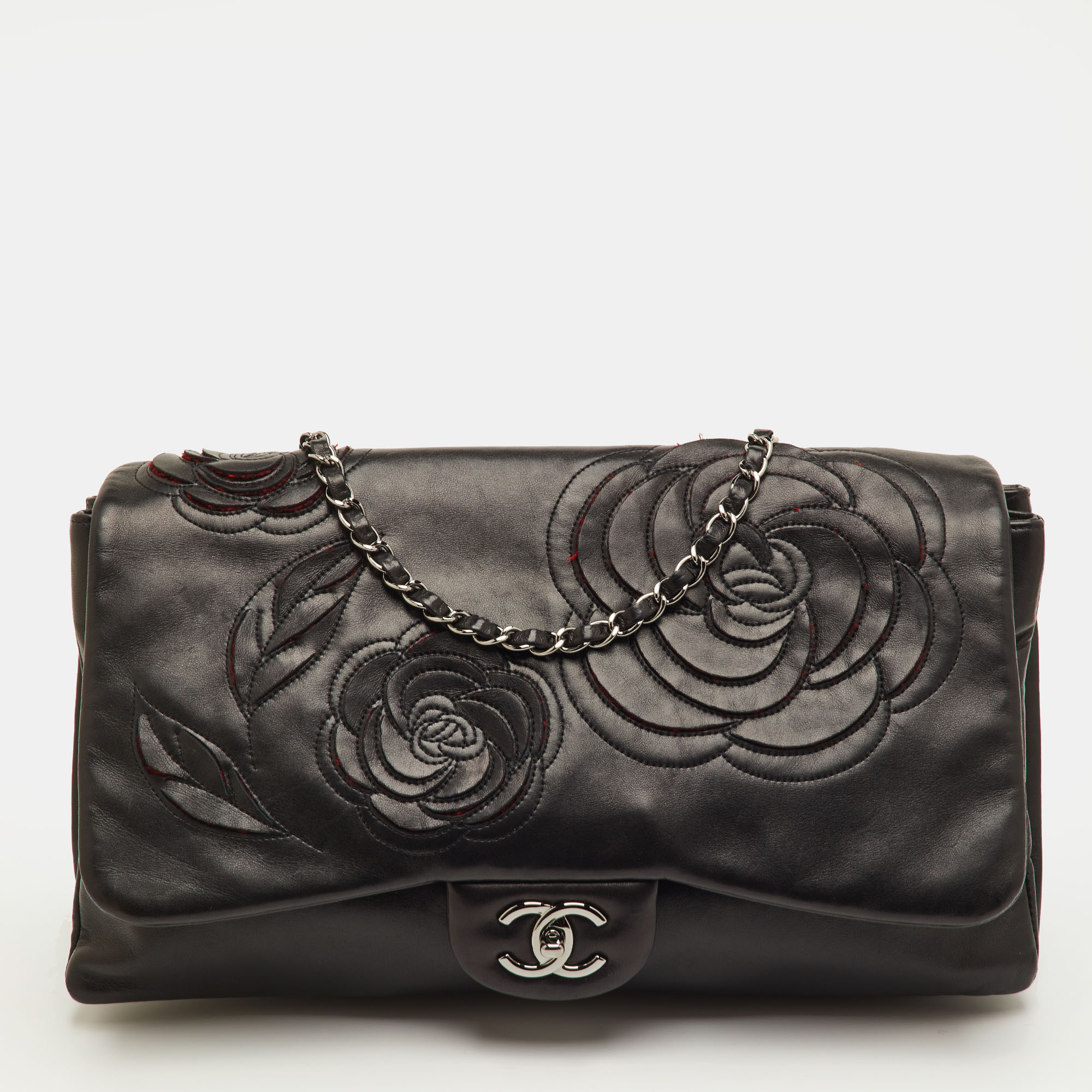

Chanel 3 Accordion Black Camellia Leather Flap Bag