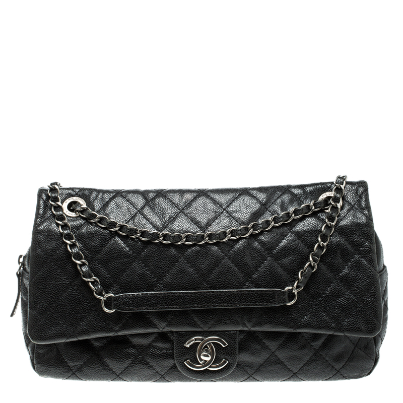 Pre Owned Chanel Black Quilted Caviar Leather Large Easy Flap Bag