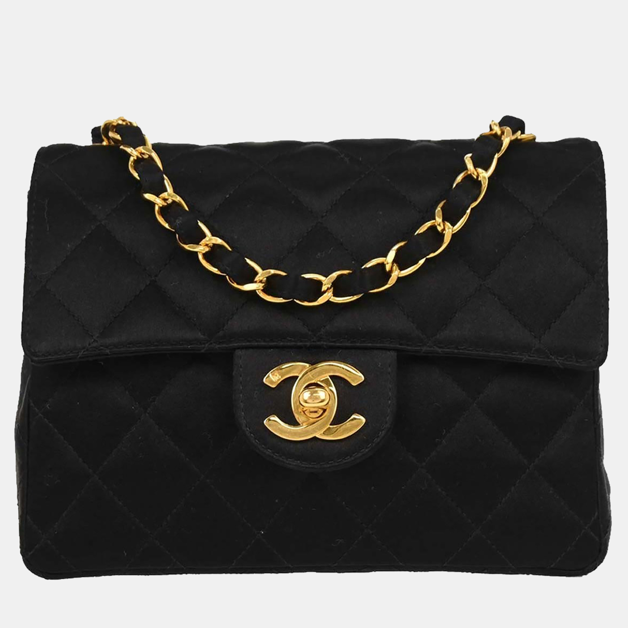 

Chanel Black Satin Mini Classic Square Flap Shoulder Bag