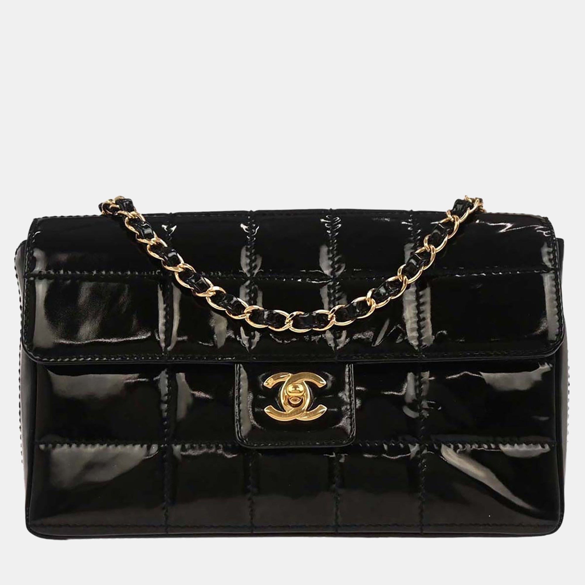 

Chanel Black Patent Leather Choco Bar Single Flap Shoulder Bag